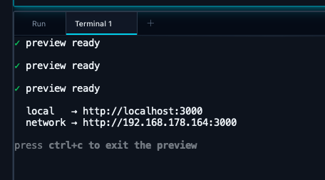 Terminal showing localhost URL that can be clicked