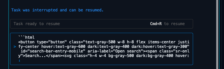 HTML code block pasted in terminal for agent to reference