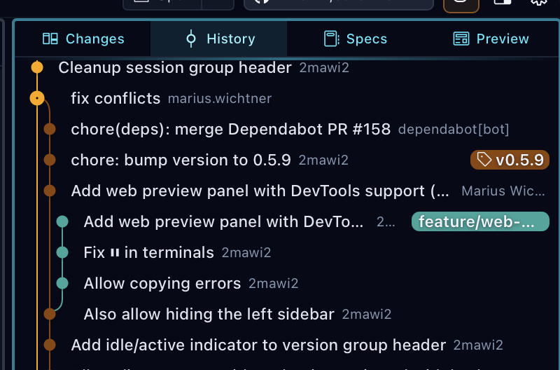 History tab showing git graph with commits, branches, and version tags