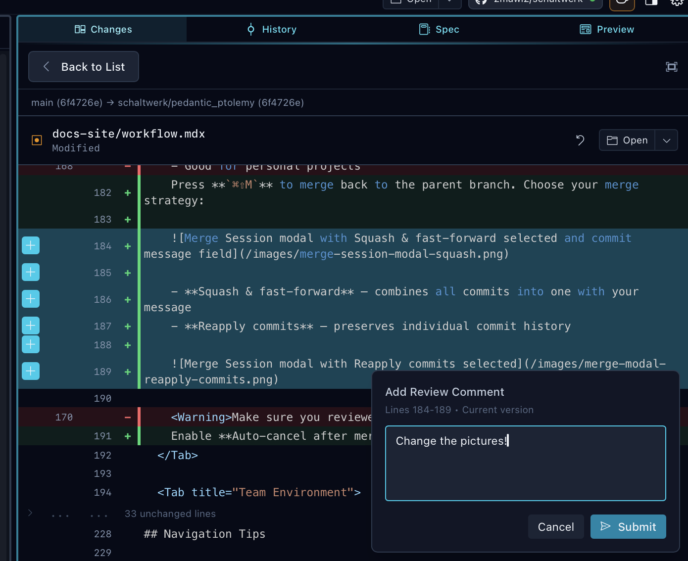 Inline diff view showing code changes with Add Review Comment form