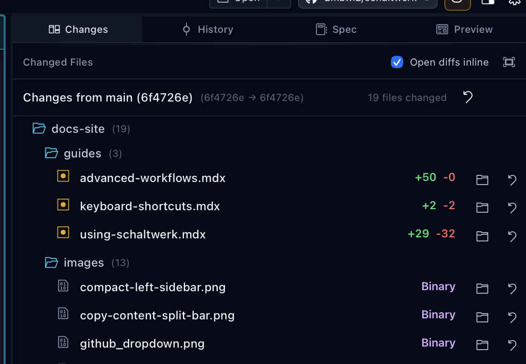 Changes tab showing file list with Open diffs inline checkbox and line counts