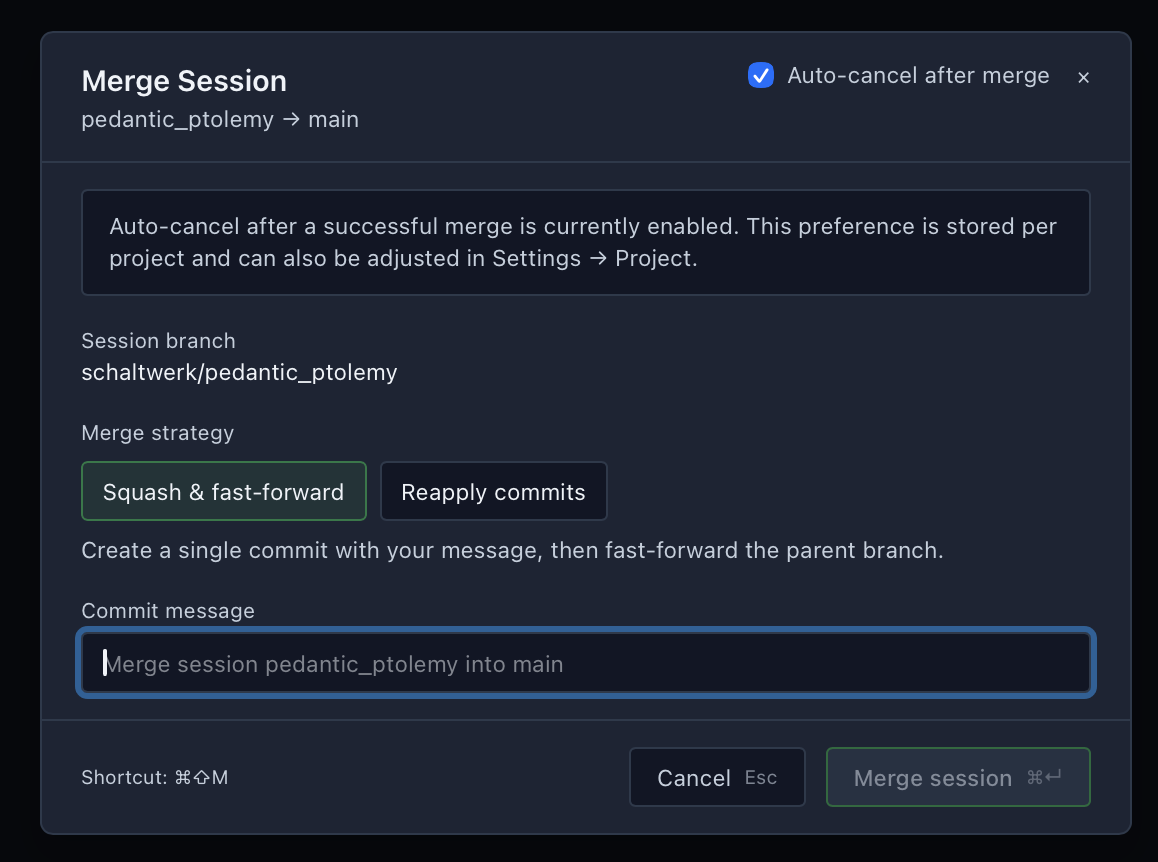 Merge Session modal with Squash & fast-forward selected and commit message field