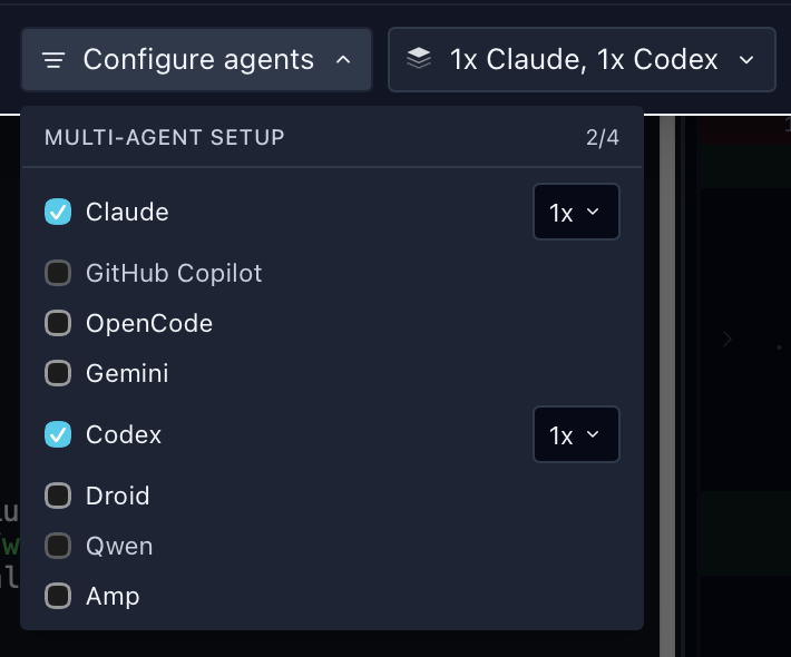 Multi-agent setup showing agent selection with checkboxes and instance count selectors