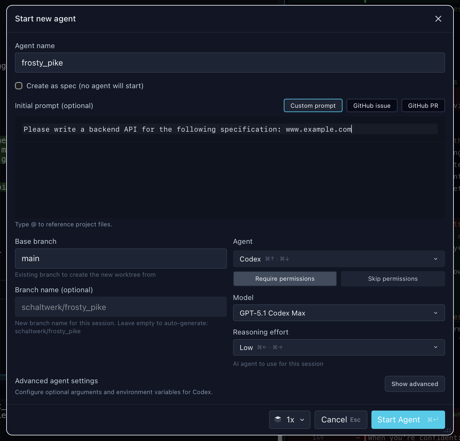 Start new agent dialog showing agent name field, initial prompt tabs, base branch selection, agent dropdown, model selector, and permission settings