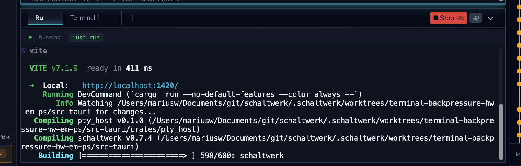 Run tab showing command execution with Stop button