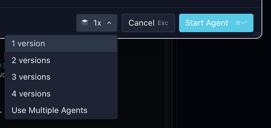 Version selector dropdown showing 1-4 versions and Use Multiple Agents option