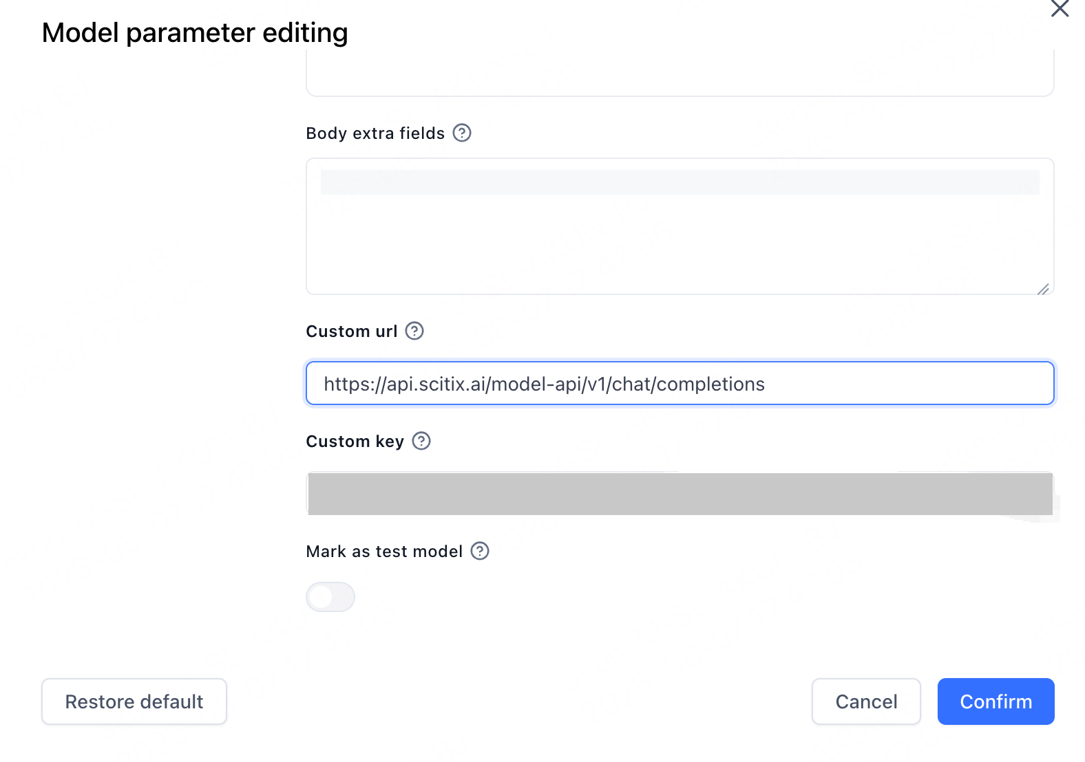 FastGPT — model parameter editing pointed at ScitiX