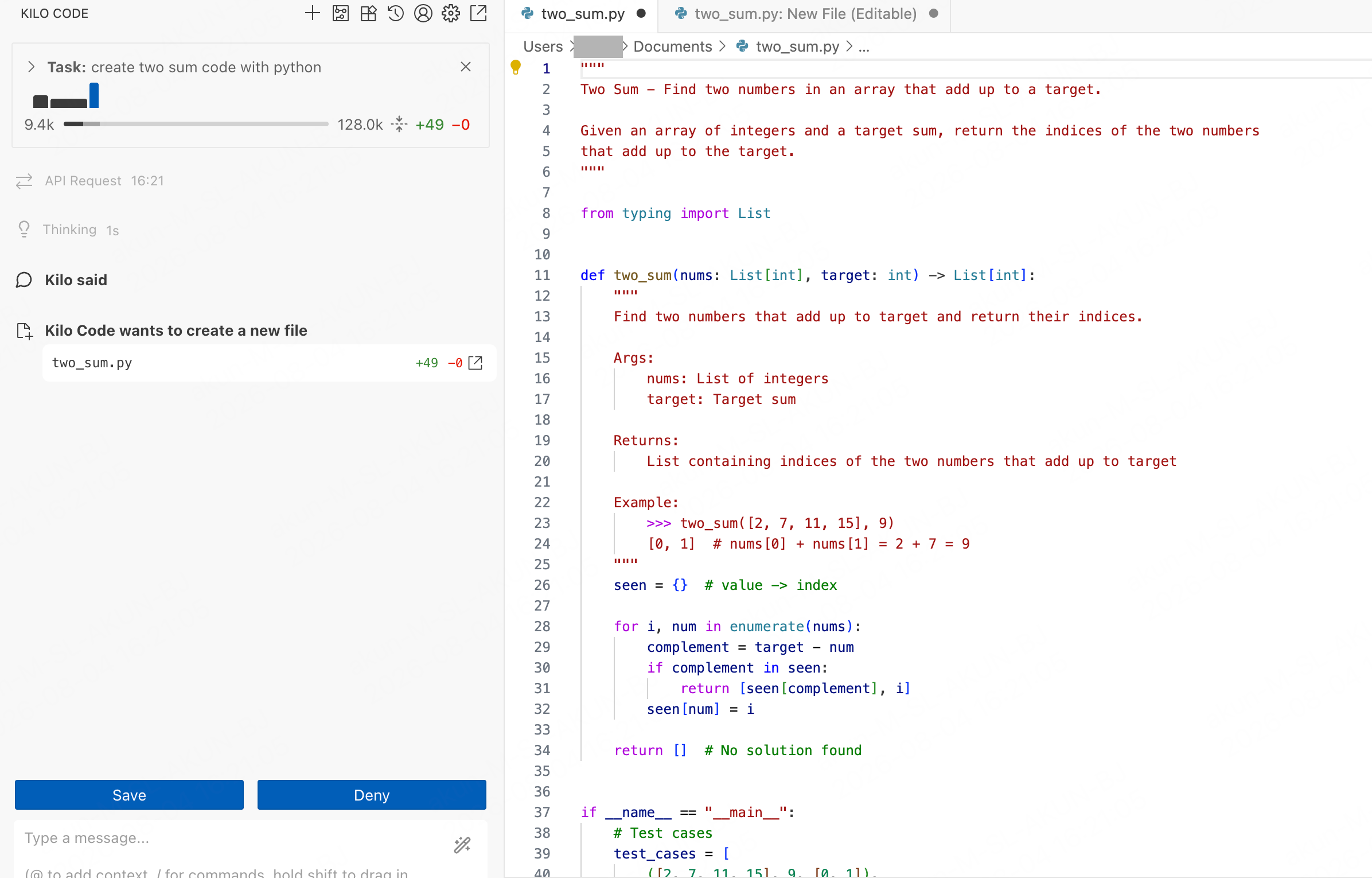 Kilo Code — creating a file from a coding task