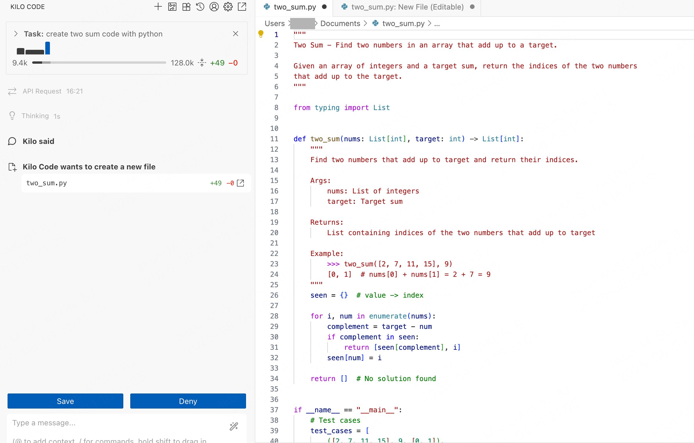 Kilo Code — creating a file from a coding task