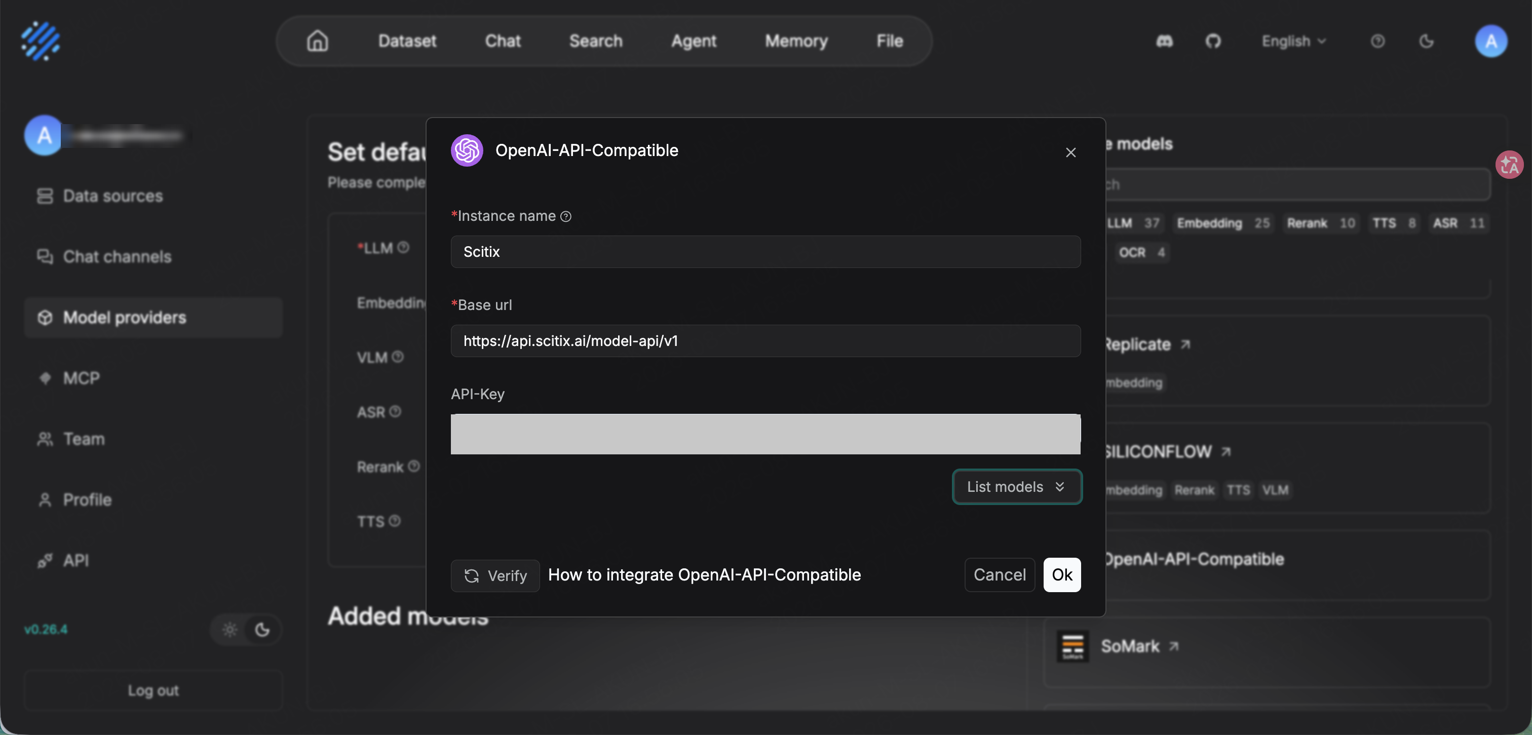 RAGFlow — OpenAI-API-Compatible provider pointed at ScitiX