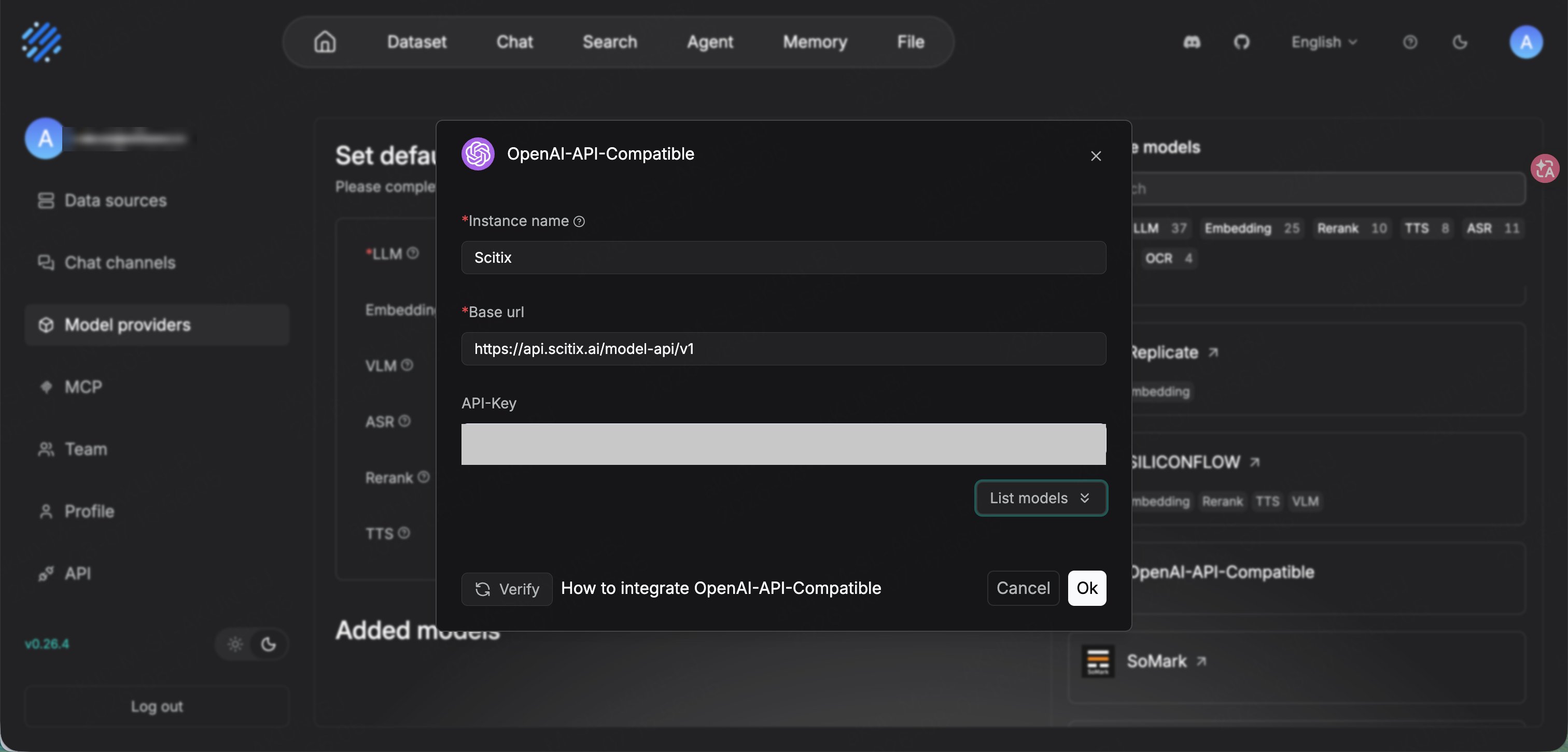 RAGFlow — OpenAI-API-Compatible provider pointed at ScitiX