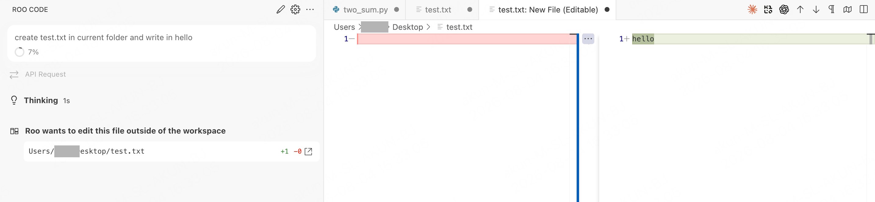 Roo Code — creating a file from a coding task