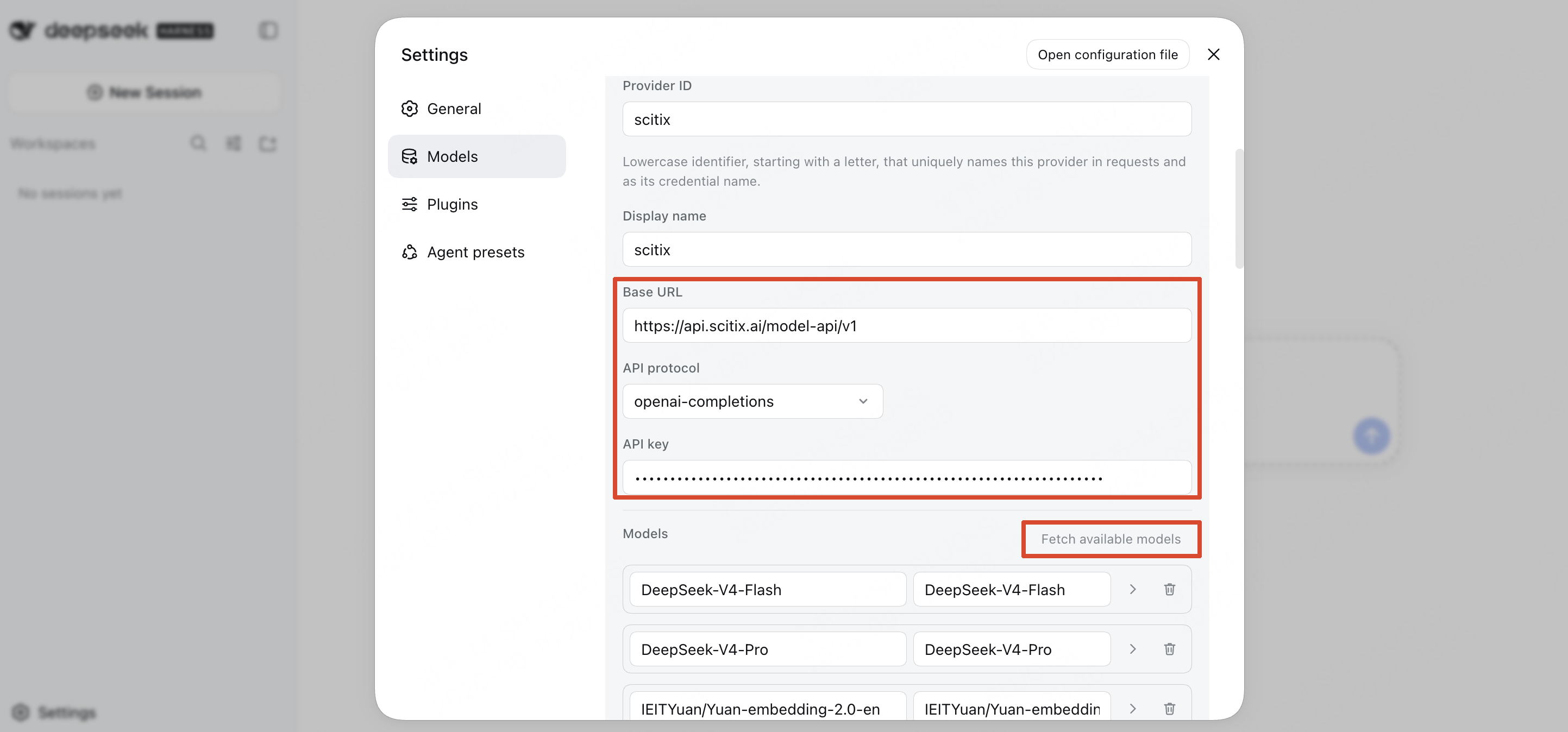 DeepSeek Harness custom provider configured with ScitiX