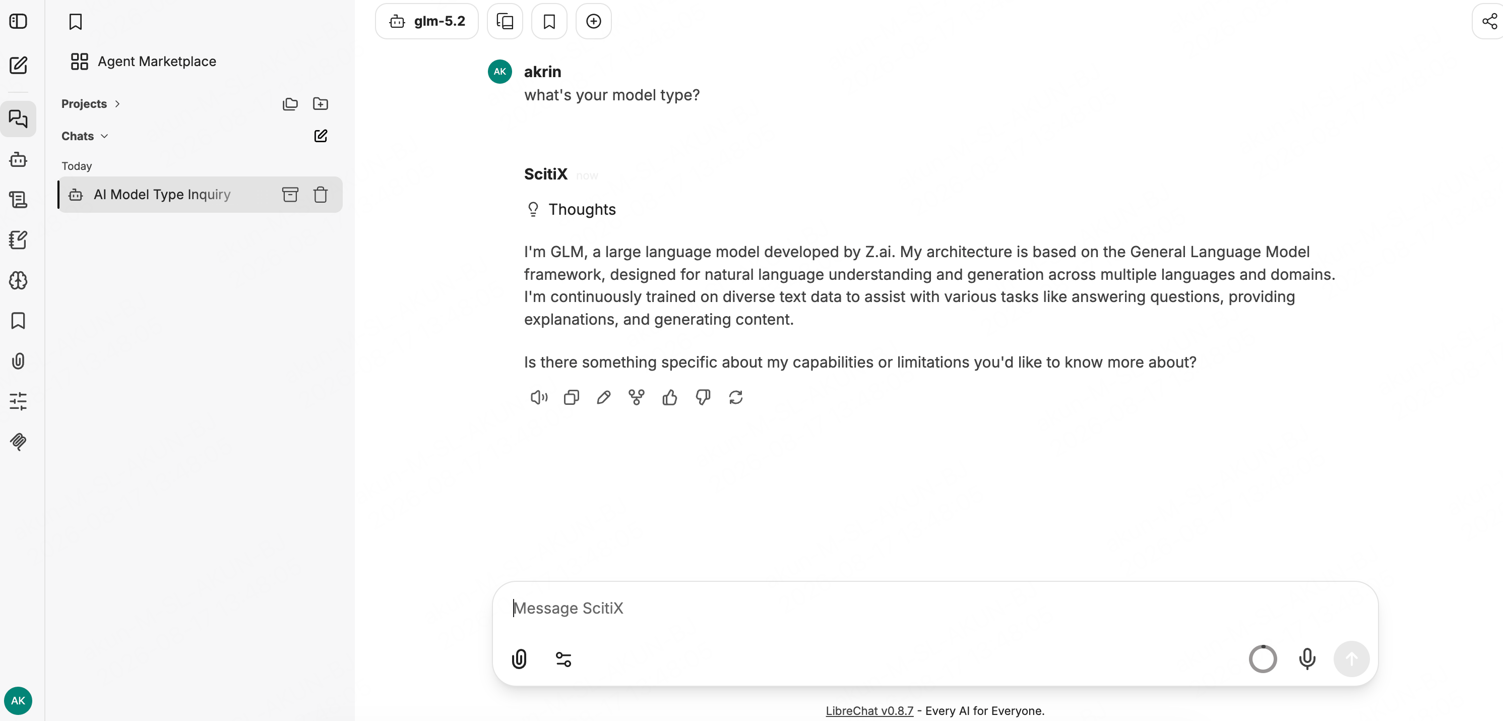 LibreChat replying via the ScitiX endpoint on glm-5.2