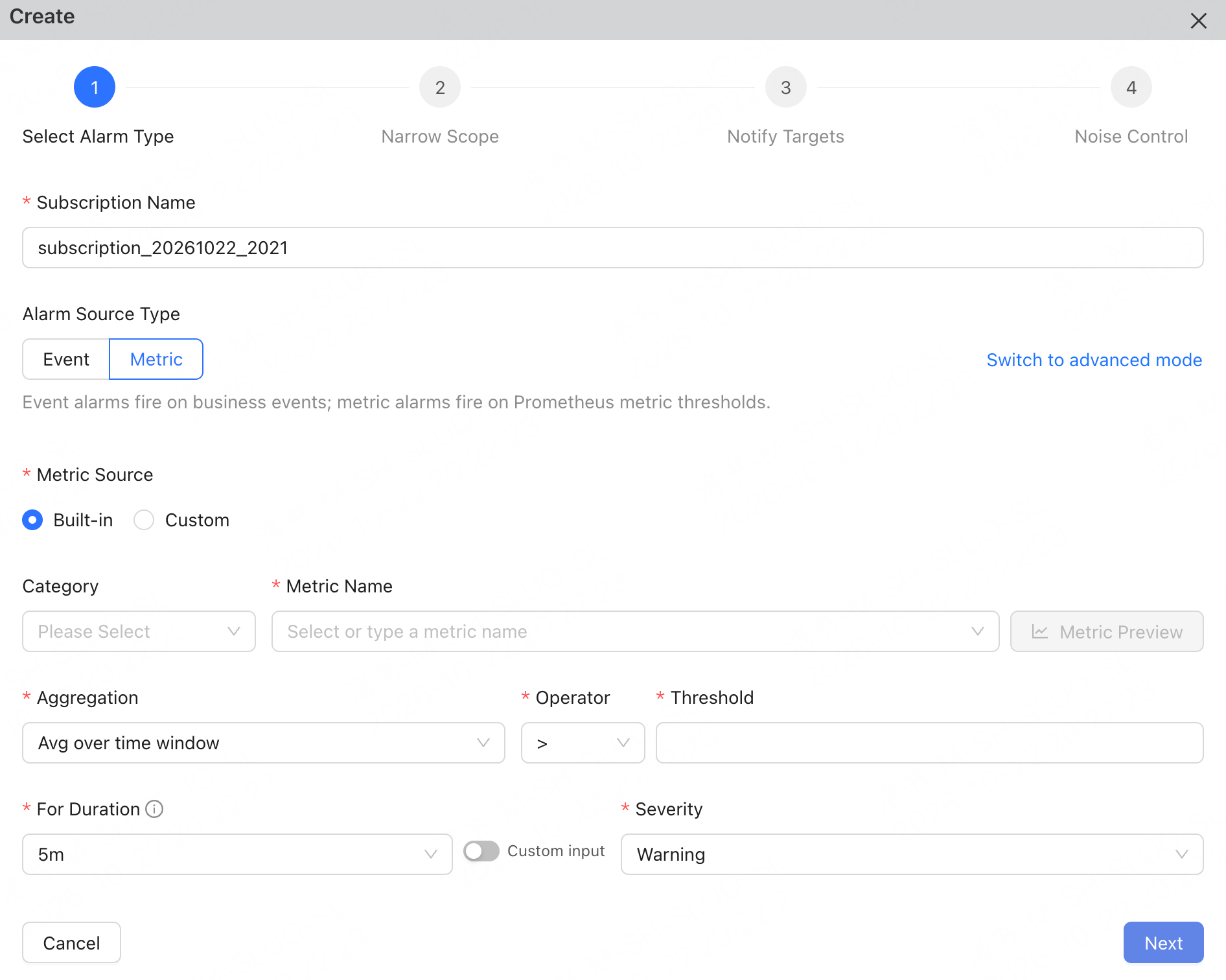 Metric alarm subscription configuration