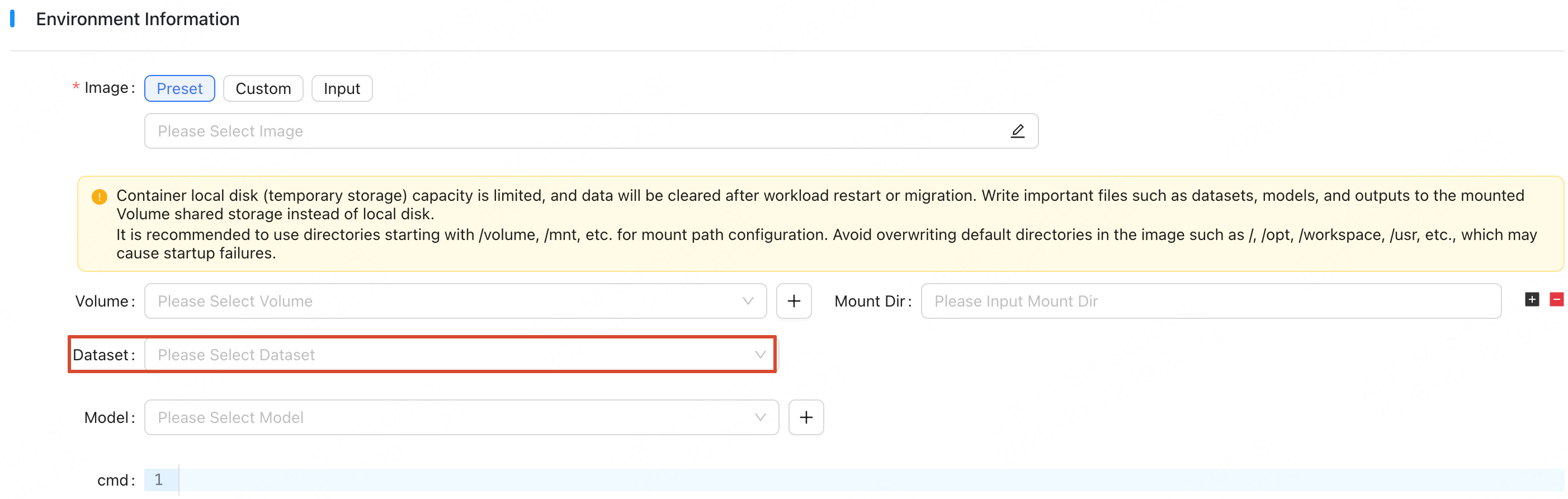 Development environment dataset mount configuration