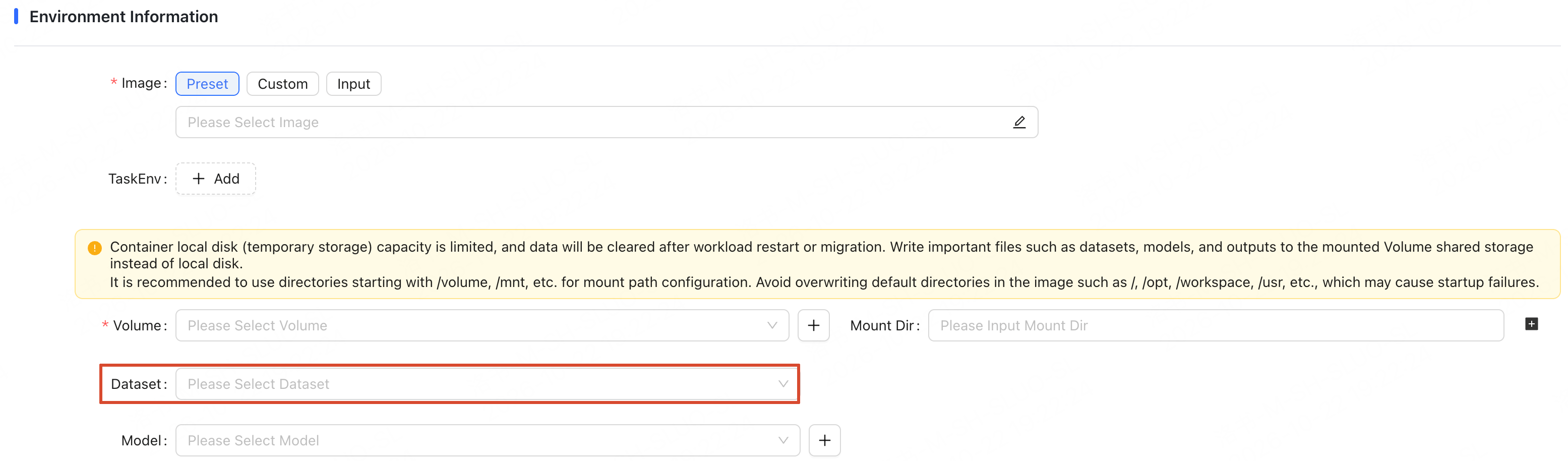 Training job dataset mount configuration