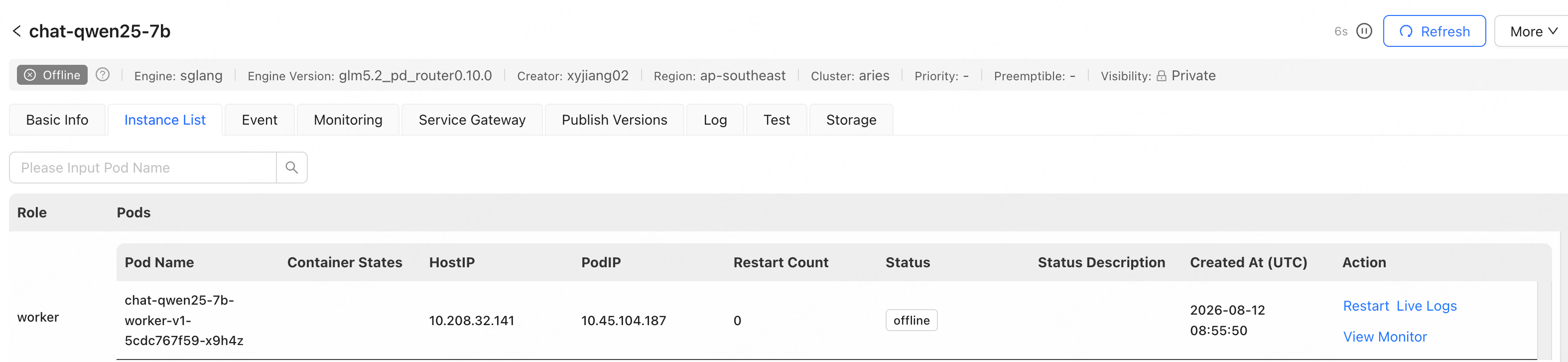 LLM Inference Service Instance List