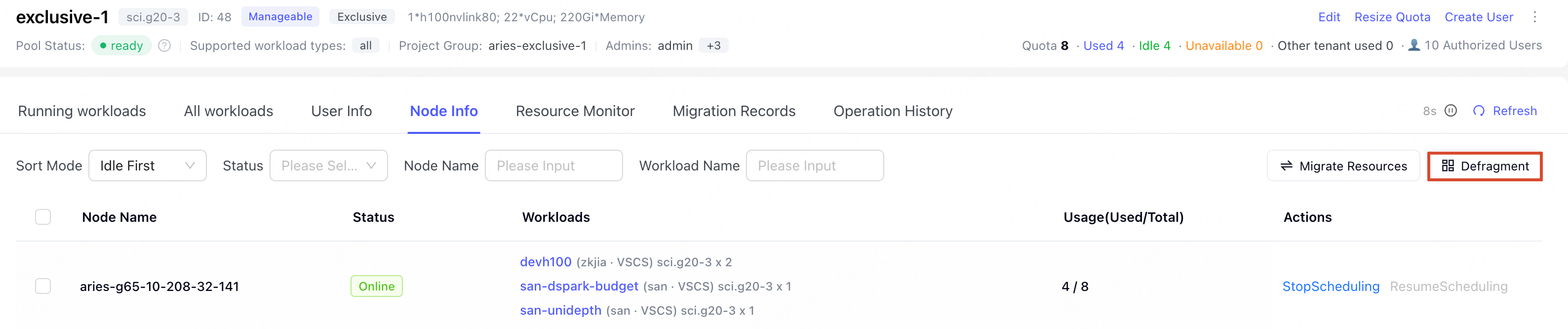 Dedicated Resource Pool Defragmentation