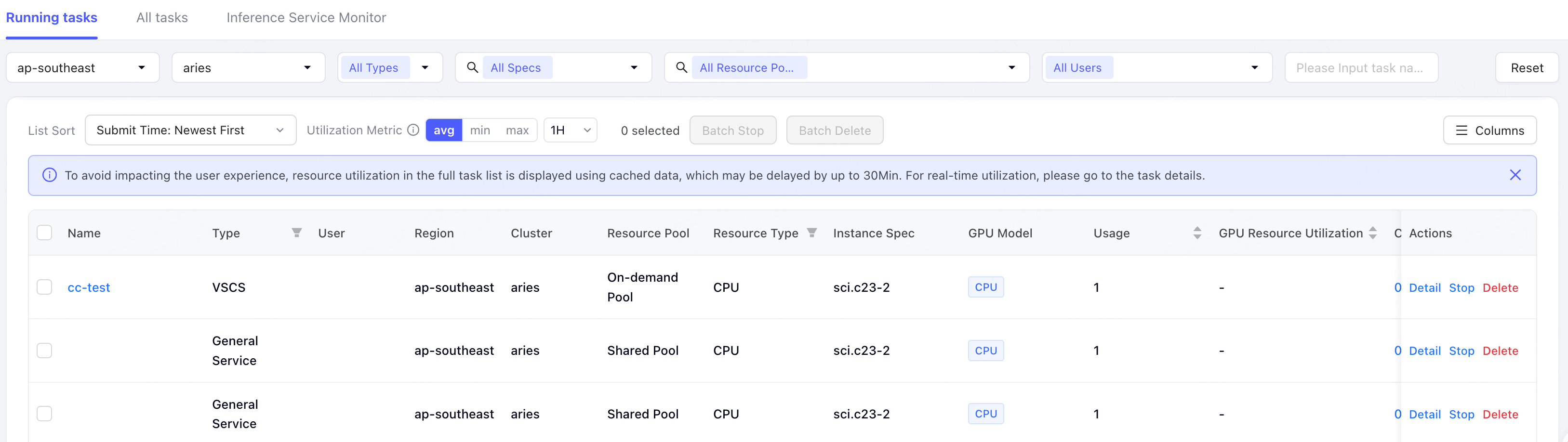 Running tasks in the Task Dashboard