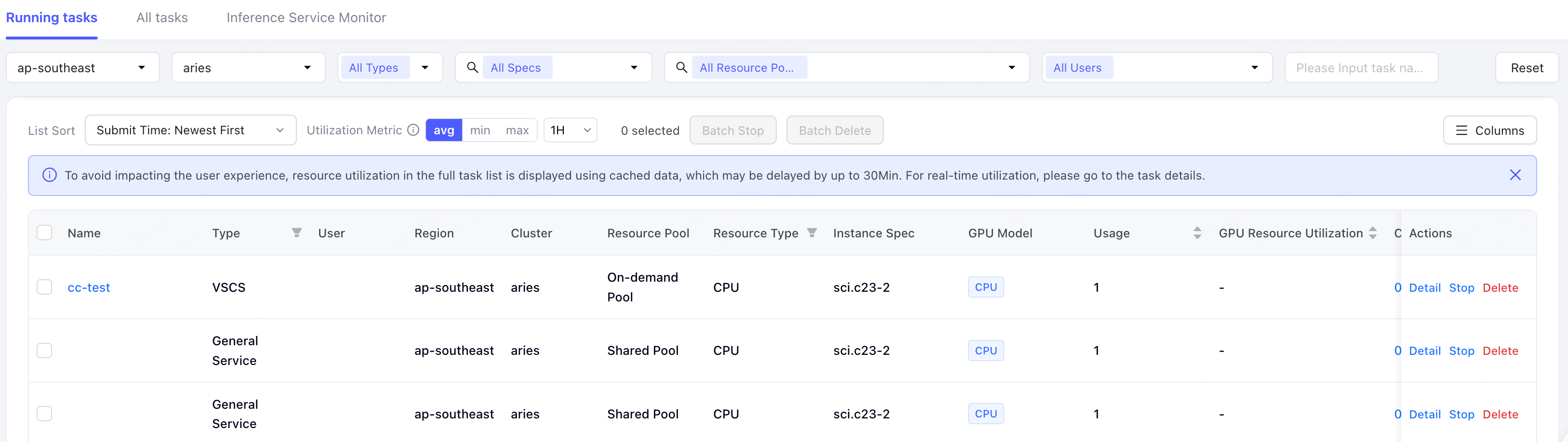 Running tasks in the Task Dashboard