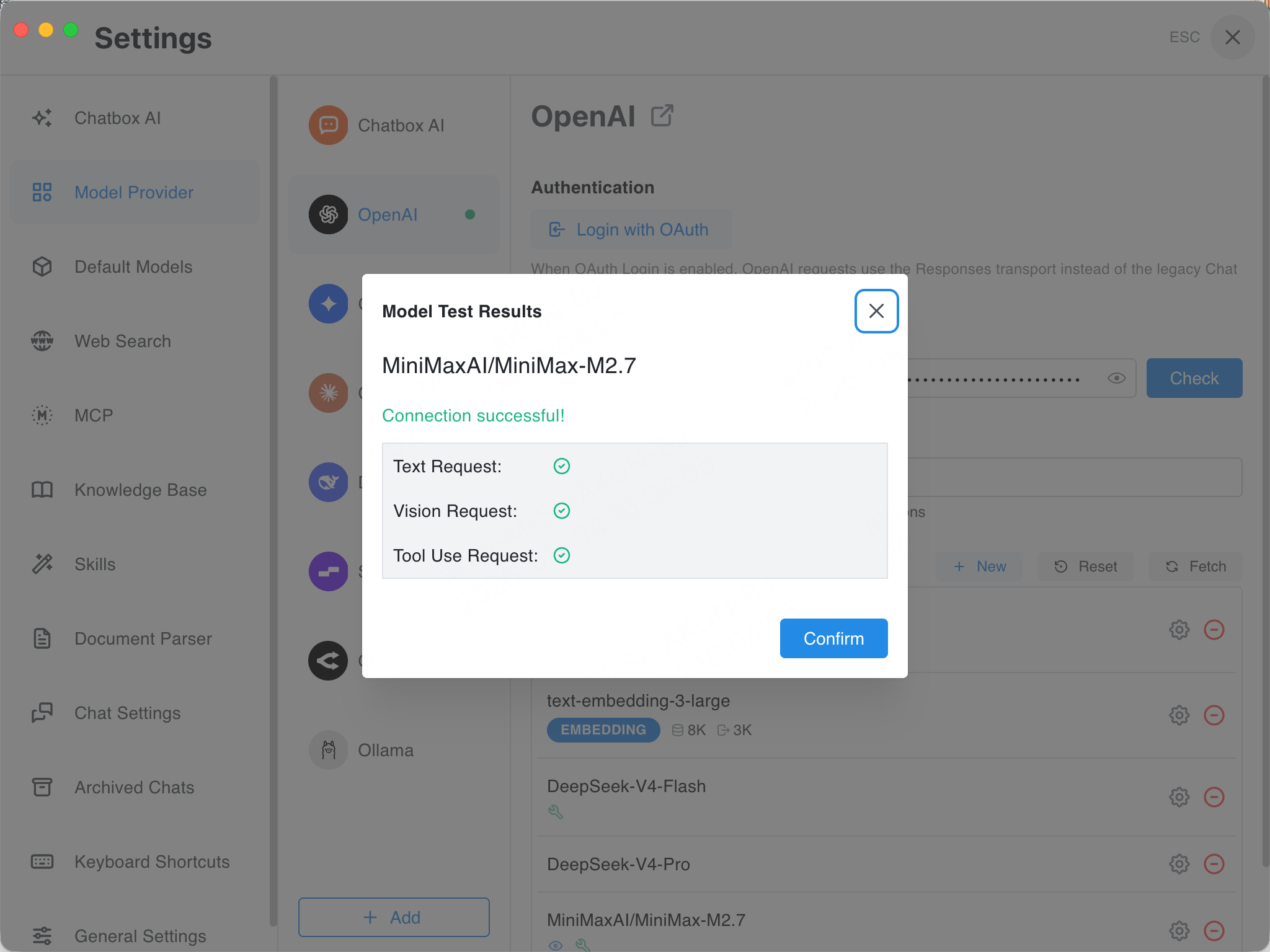 Chatbox — OpenAI provider pointed at ScitiX, model test passing