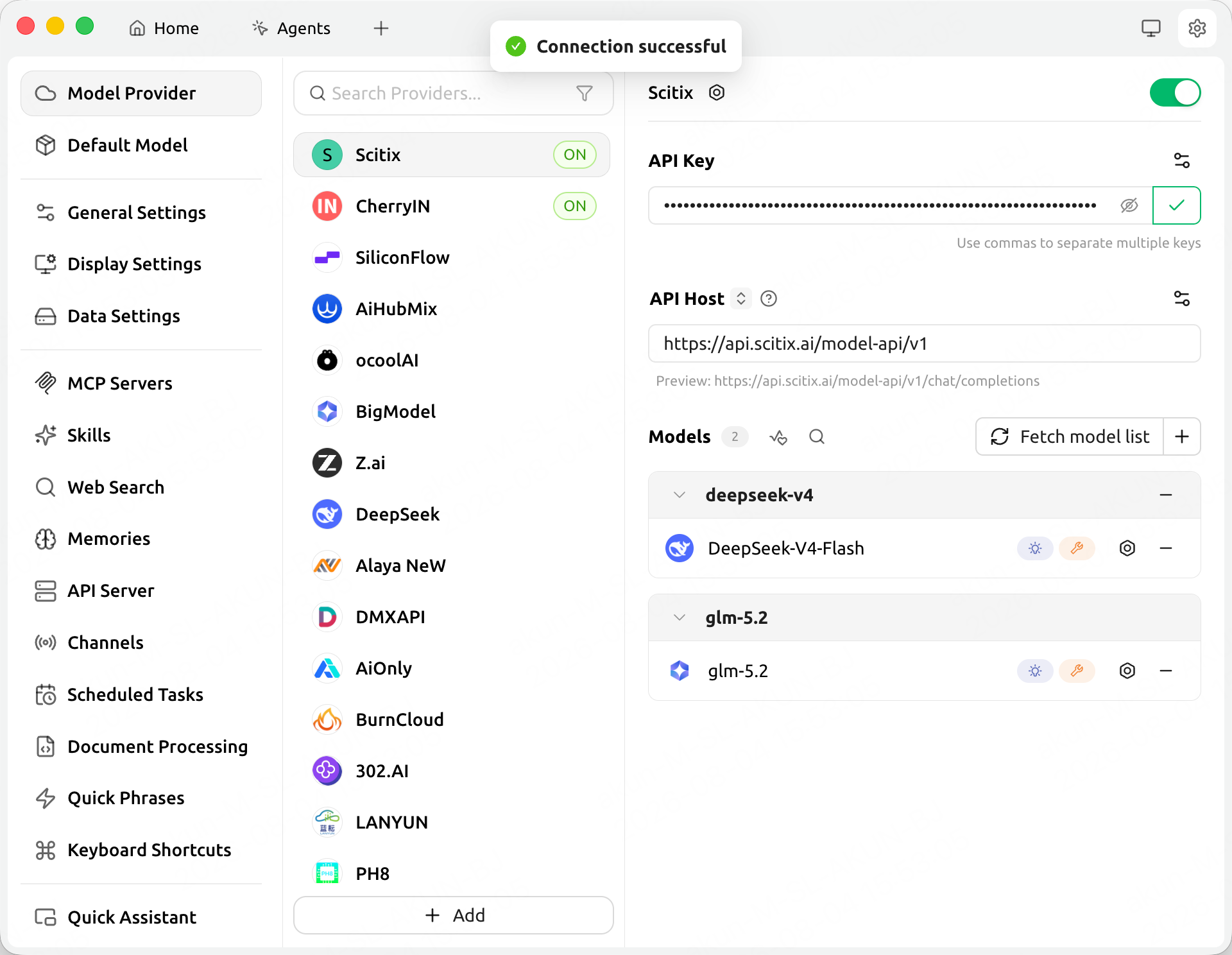 Cherry Studio — ScitiX provider configured with API Host, key, and models