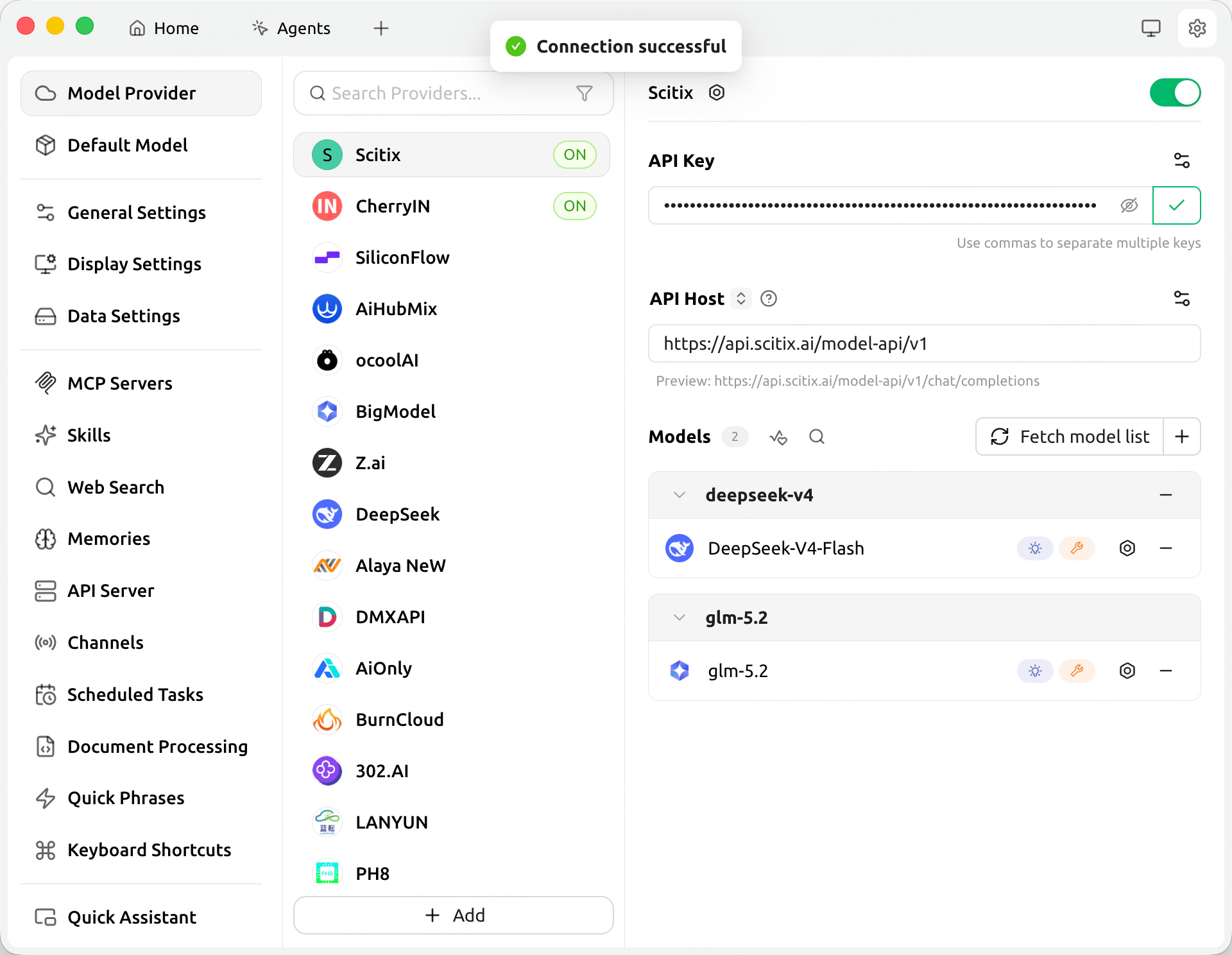 Cherry Studio — ScitiX provider configured with API Host, key, and models