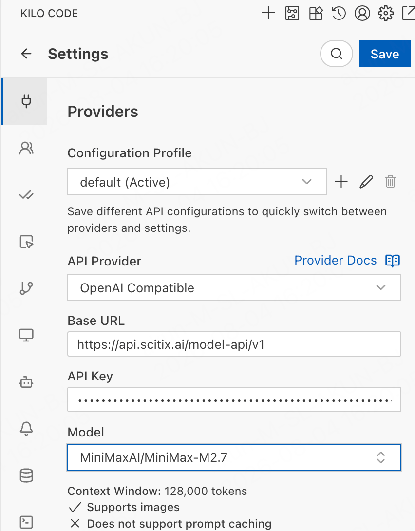 Kilo Code — OpenAI Compatible provider with ScitiX Base URL and model