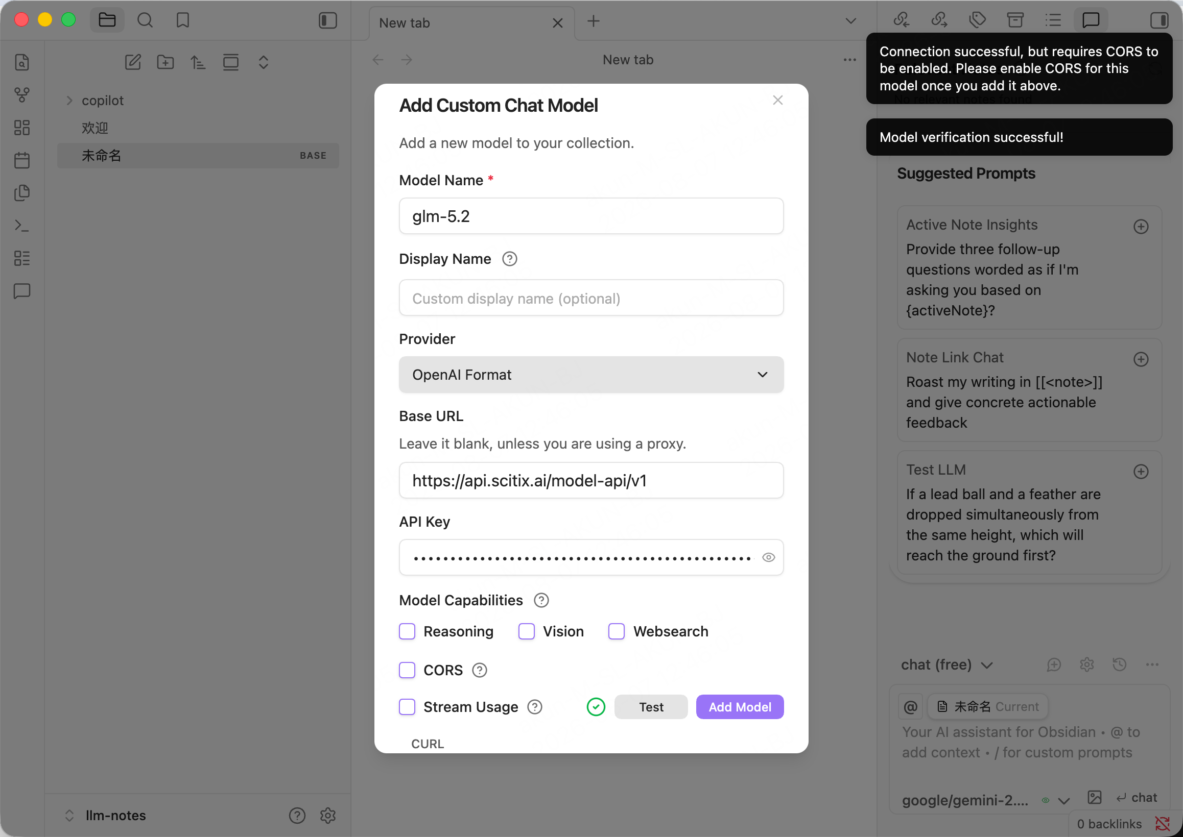 Obsidian Copilot — Add Custom Chat Model dialog pointed at ScitiX