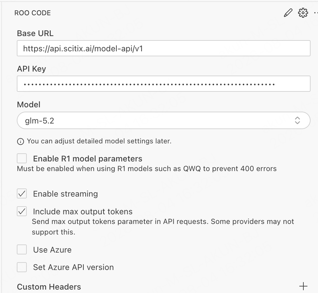 Roo Code — OpenAI Compatible provider with ScitiX Base URL and model