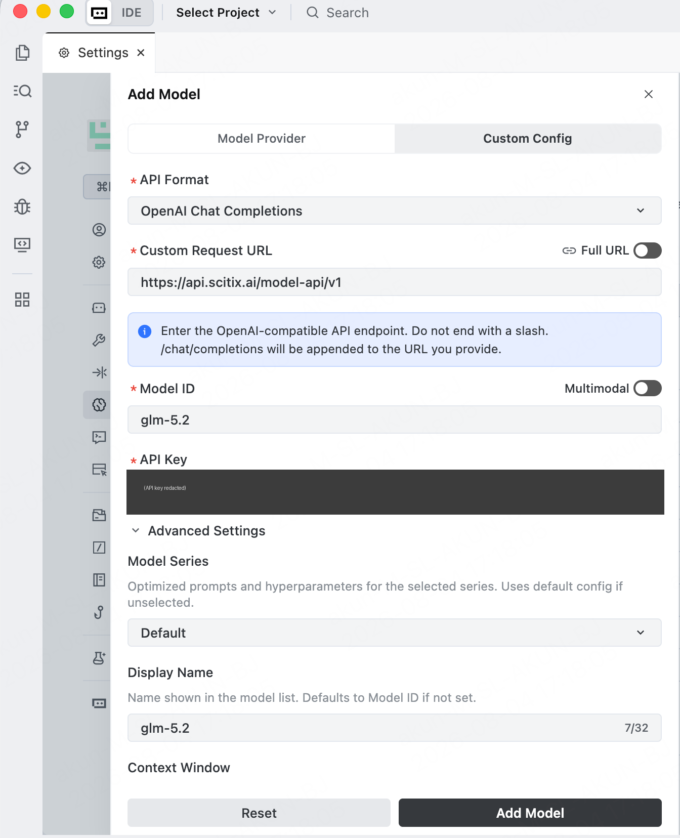 TRAE — Add Model with Custom Config pointed at ScitiX