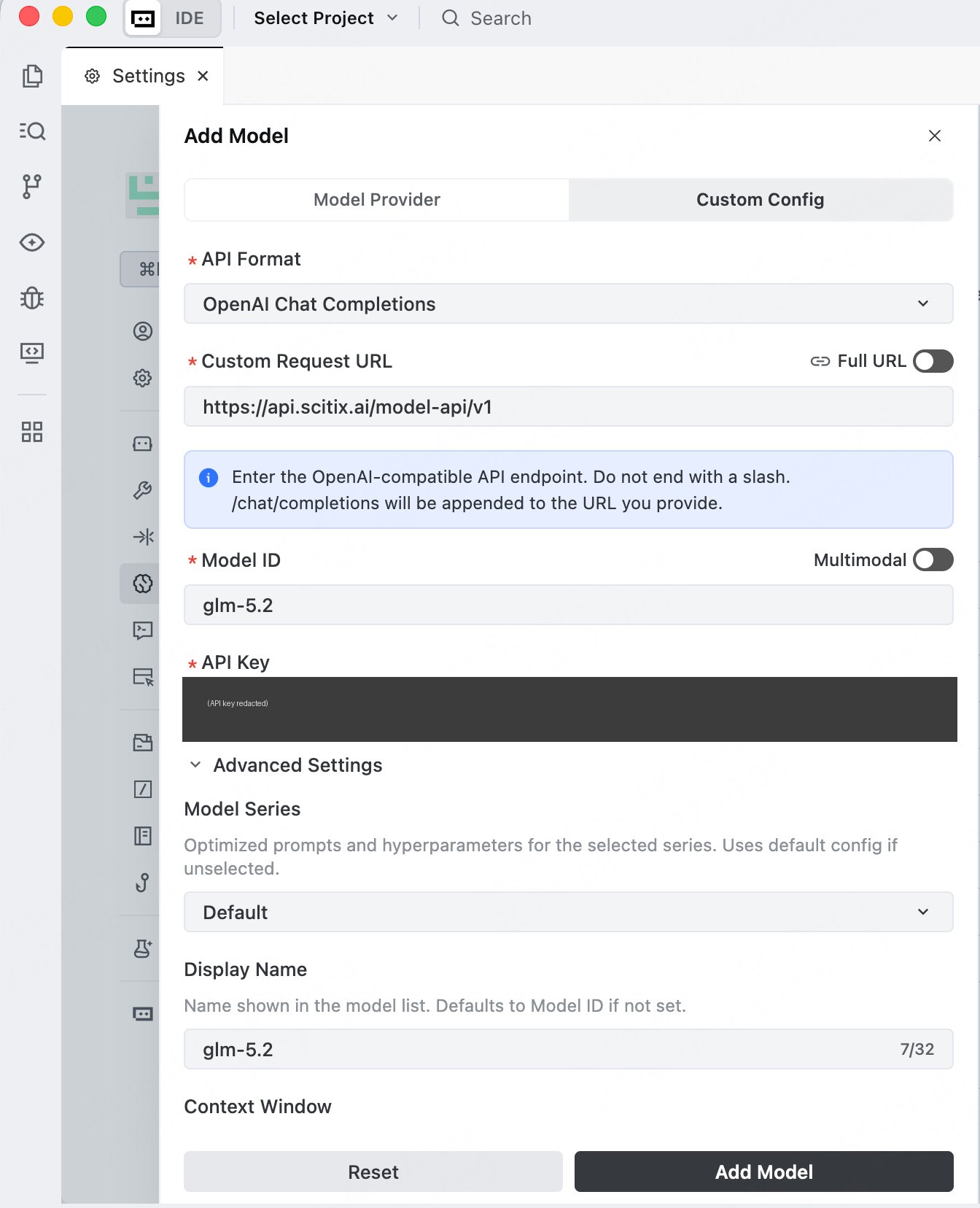 TRAE — Add Model with Custom Config pointed at ScitiX