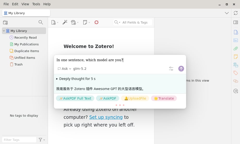 Zotero GPT — chatting with a ScitiX model (glm-5.2)