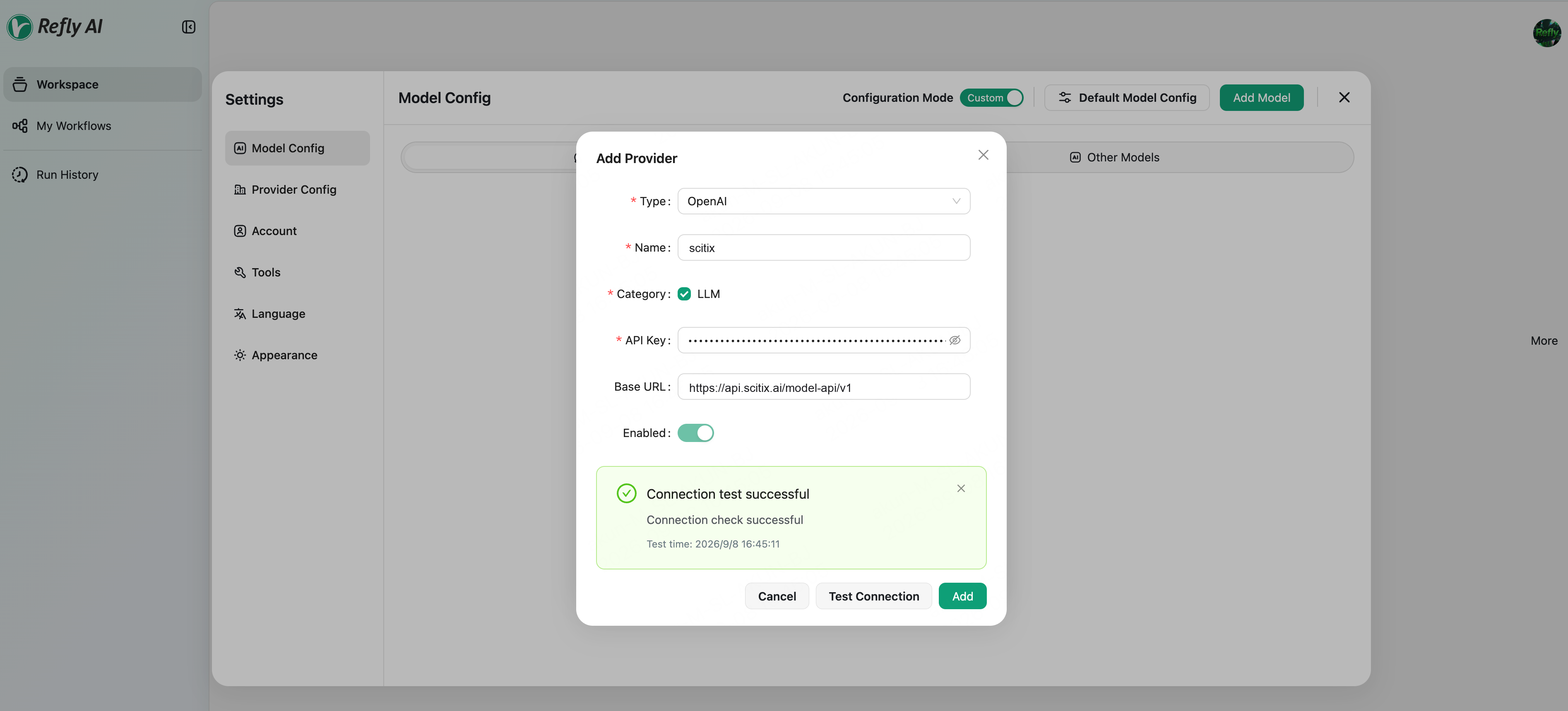 Refly OpenAI provider pointed to ScitiX with a successful connection test