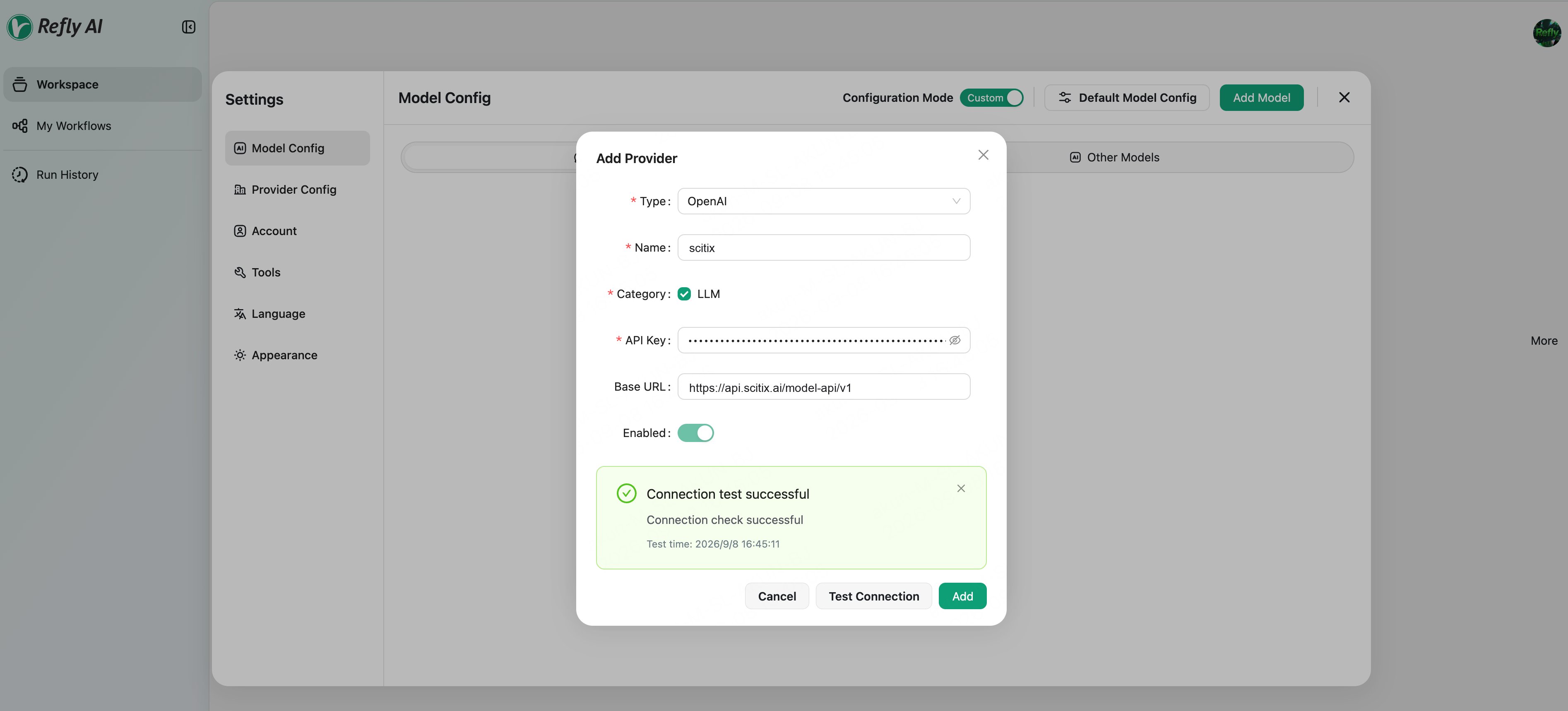 Refly OpenAI provider pointed to ScitiX with a successful connection test