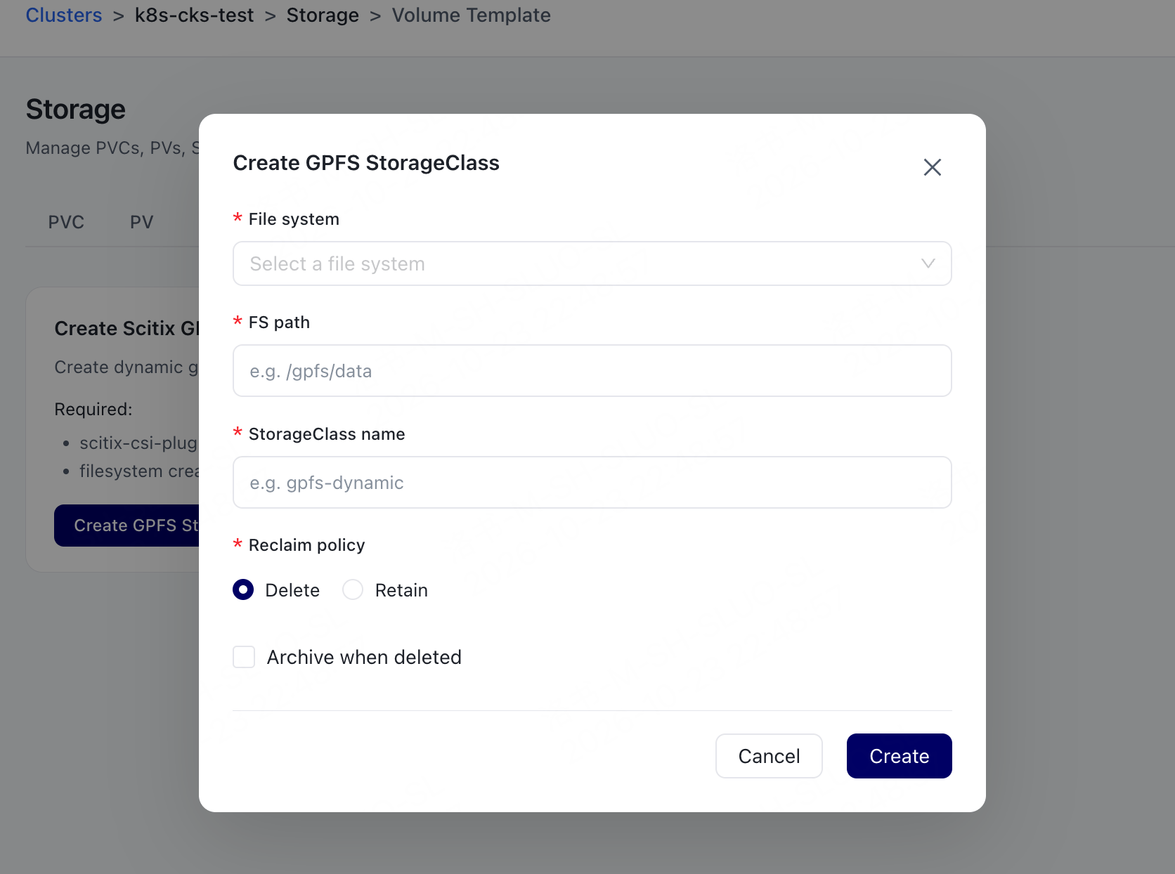Create a GPFS StorageClass Using a Volume Template