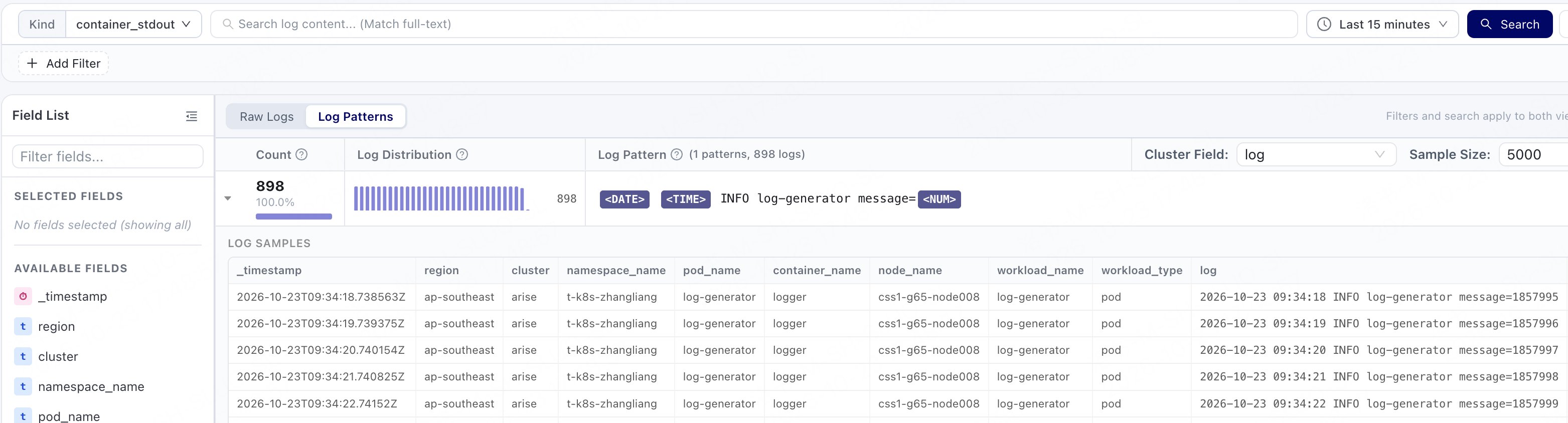 Log Patterns view