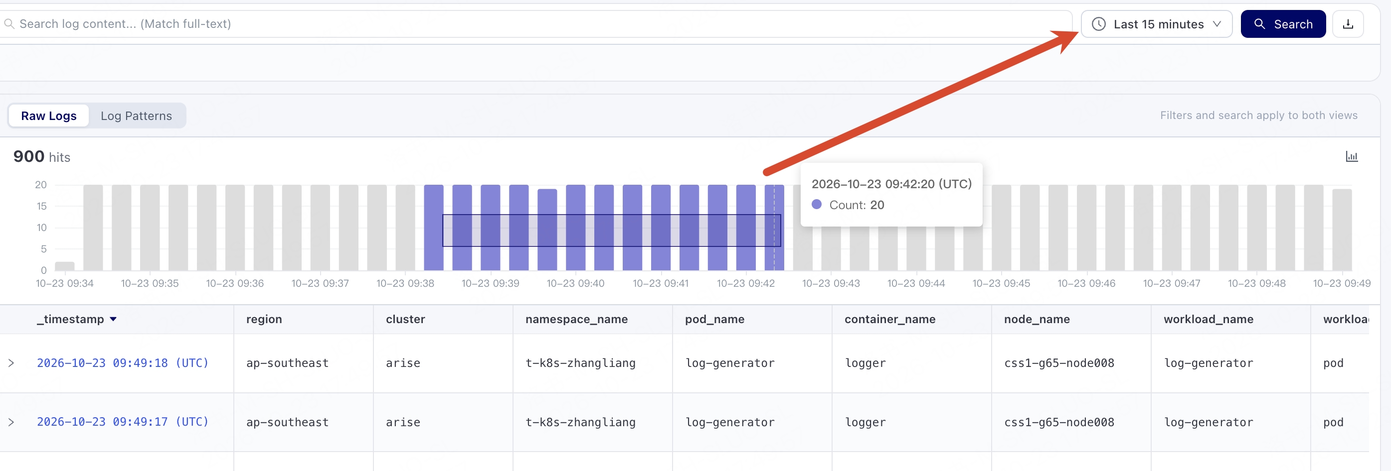 Filter logs by time range