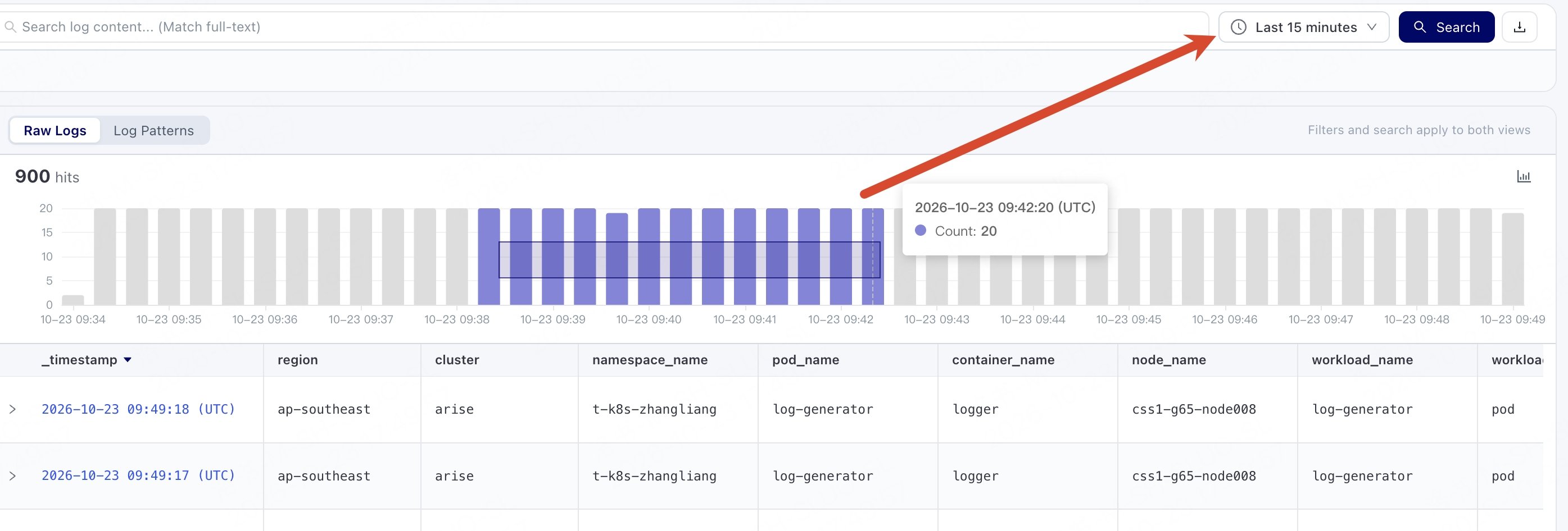 Filter logs by time range