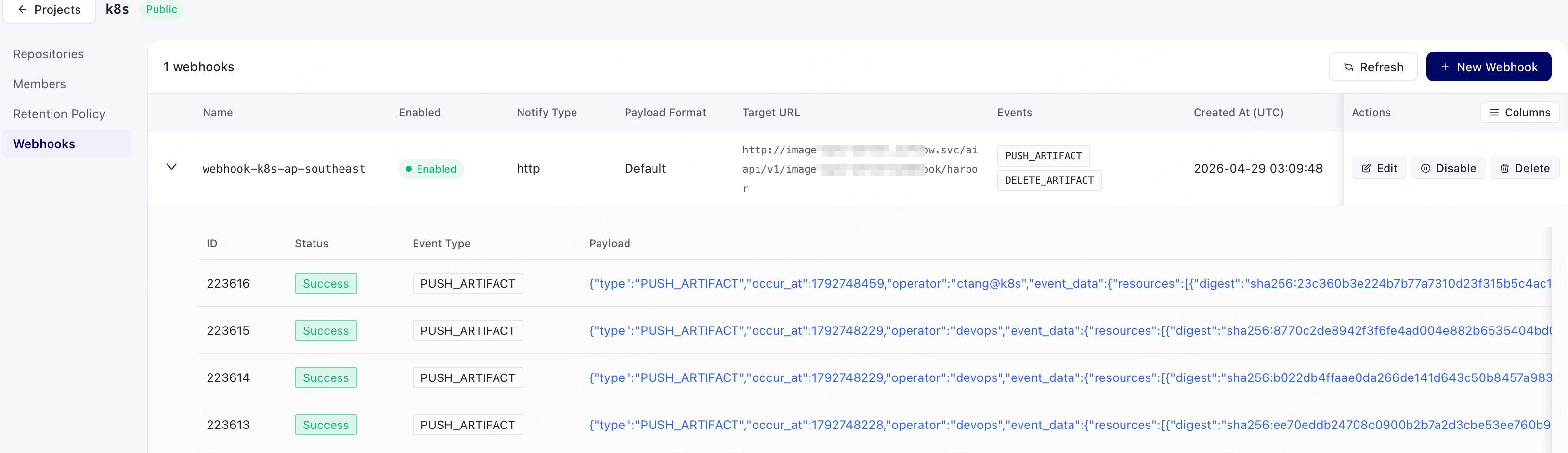 Webhook delivery records