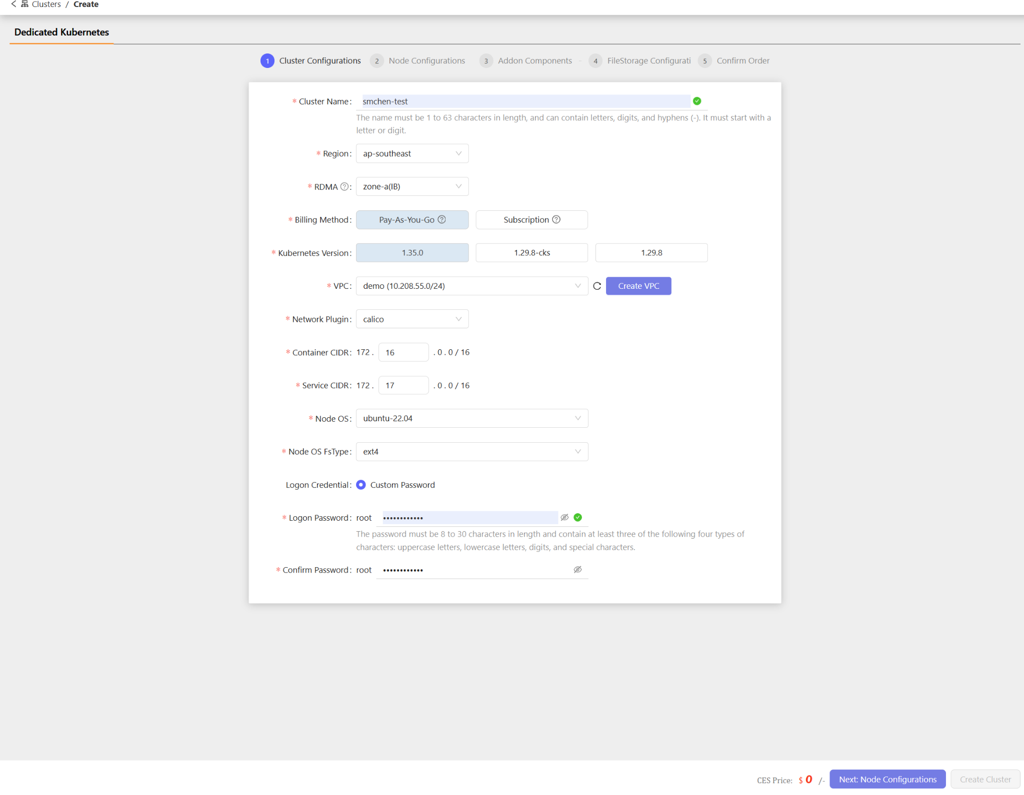 Step 1: Cluster Configurations