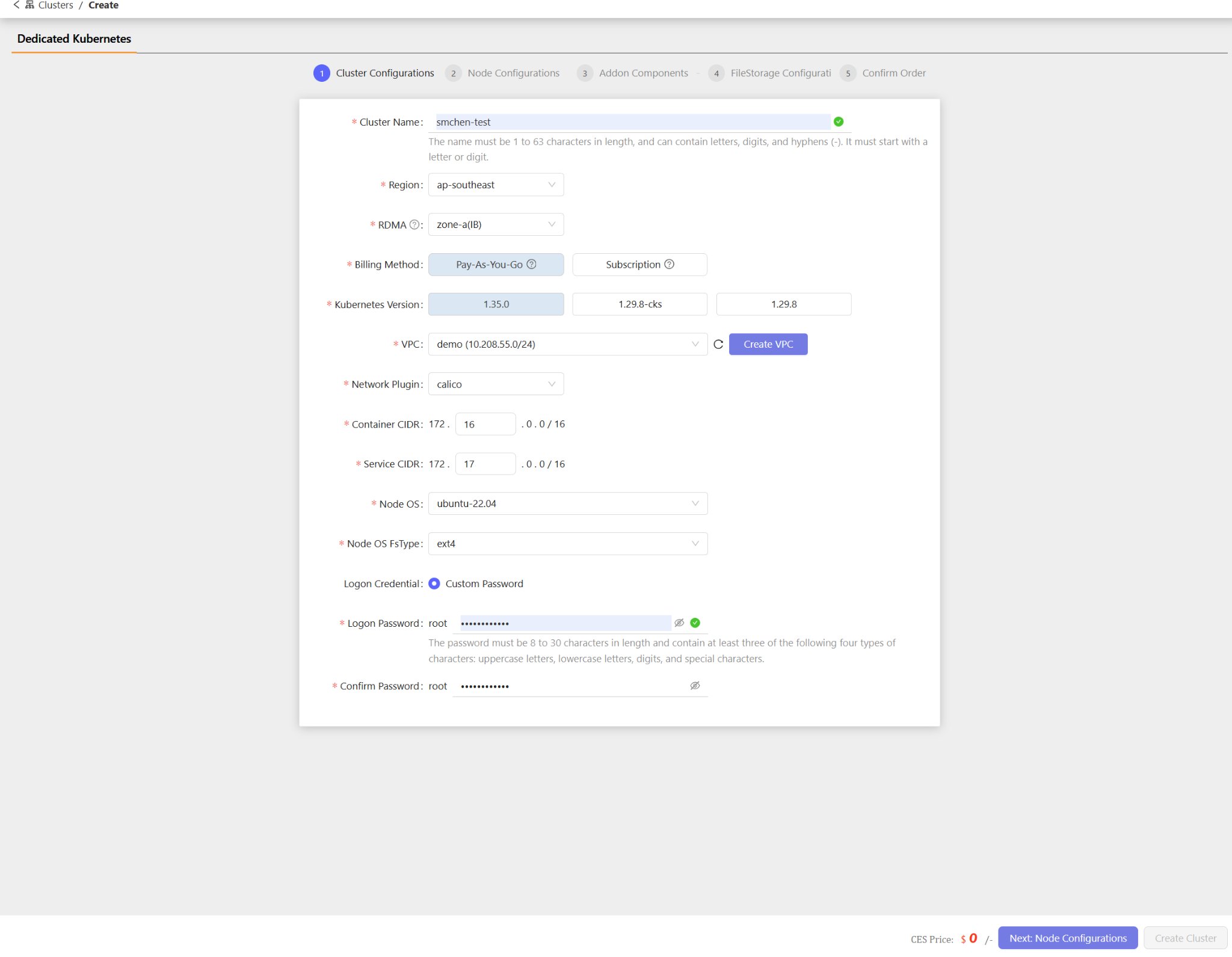 Step 1: Cluster Configurations