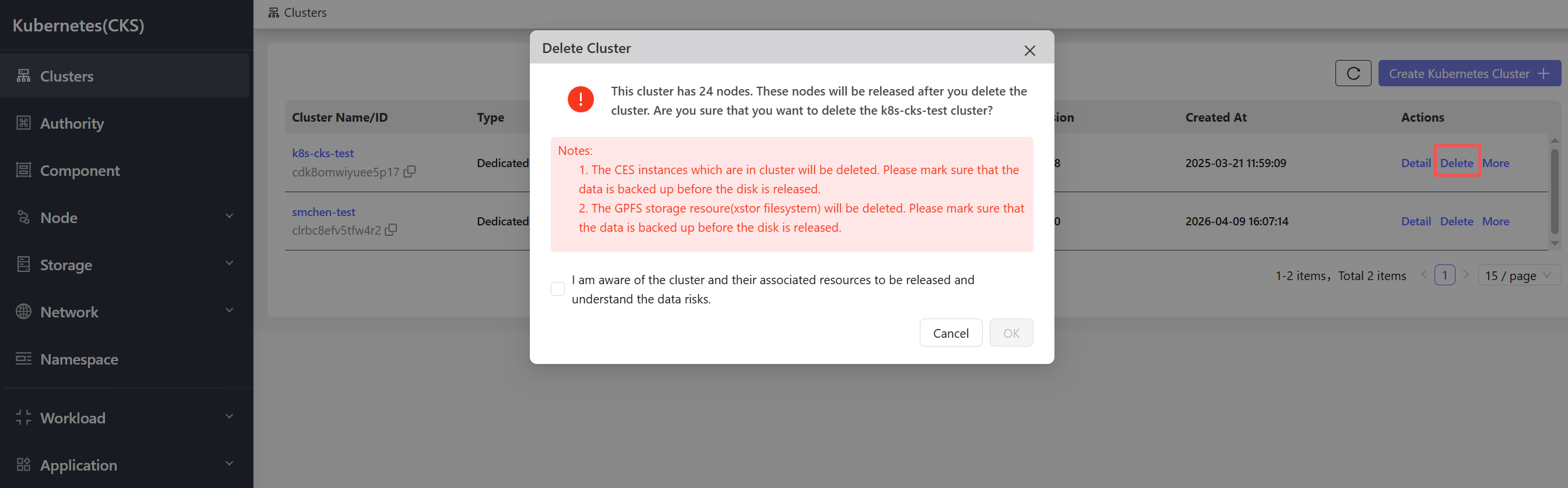 Delete Cluster Confirmation