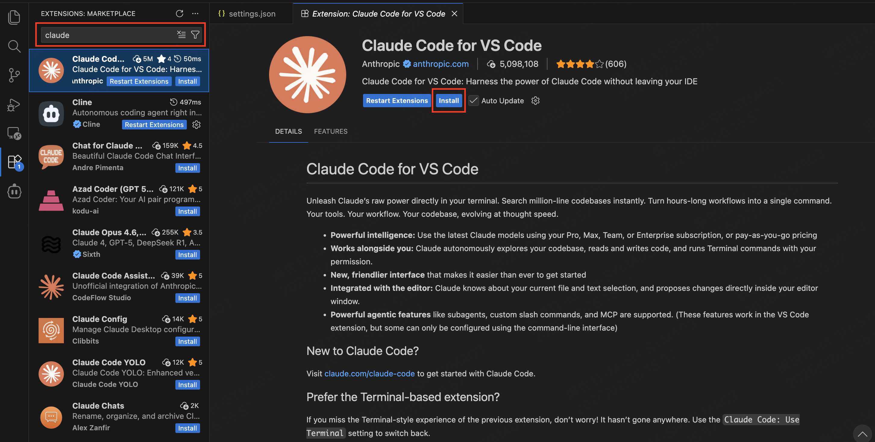 Claude Code — install from the Extensions marketplace