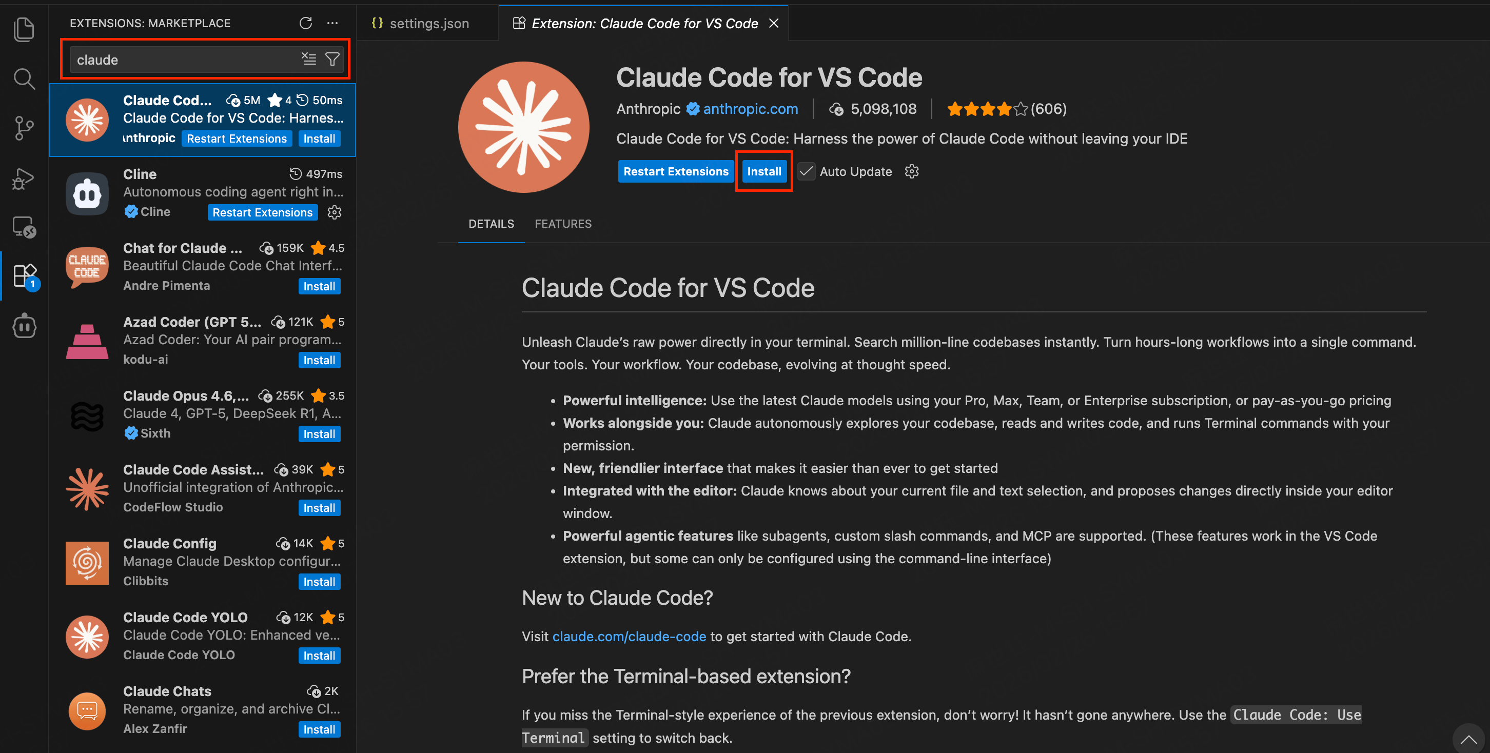 Claude Code — install from the Extensions marketplace