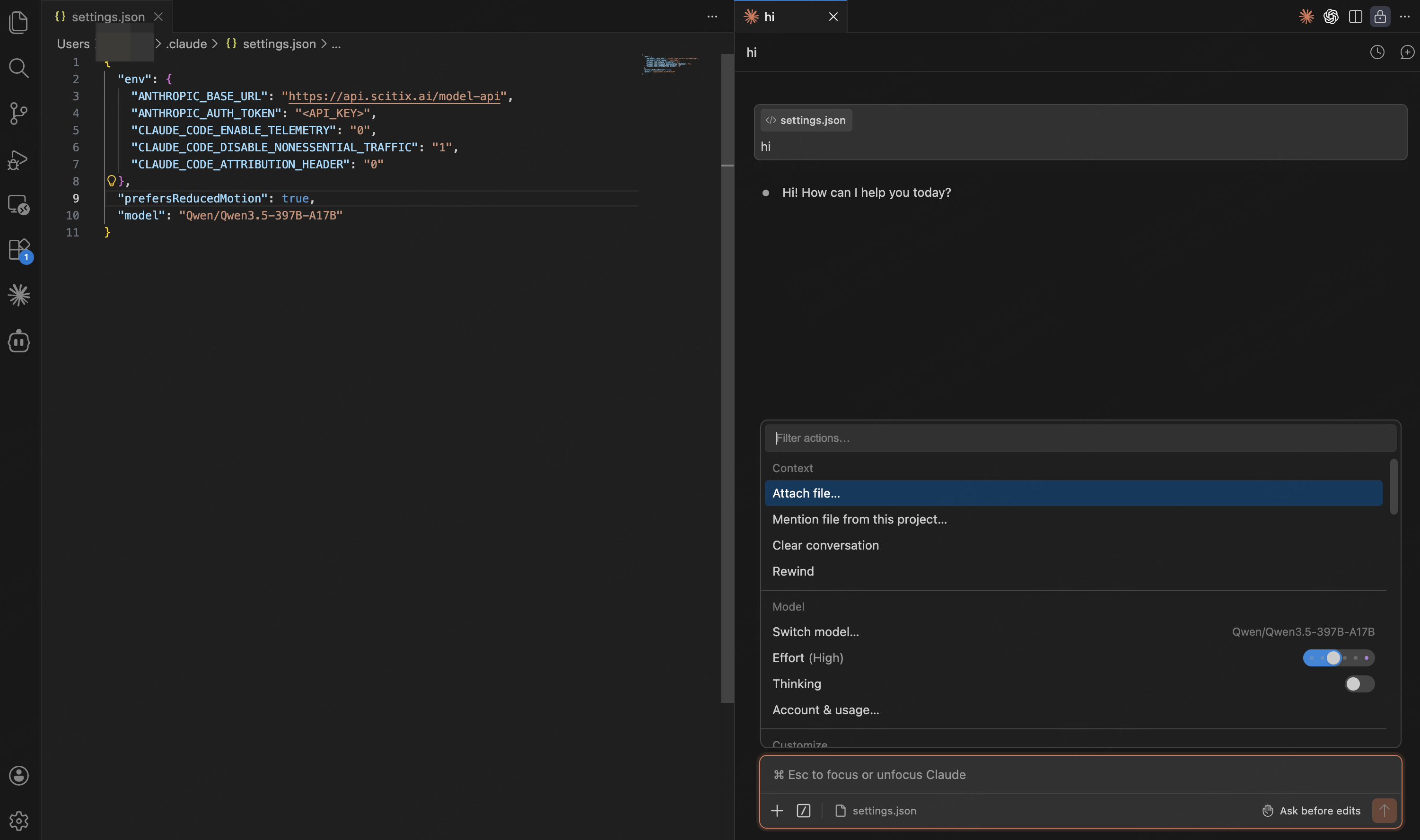Claude Code — configure the connection in settings.json
