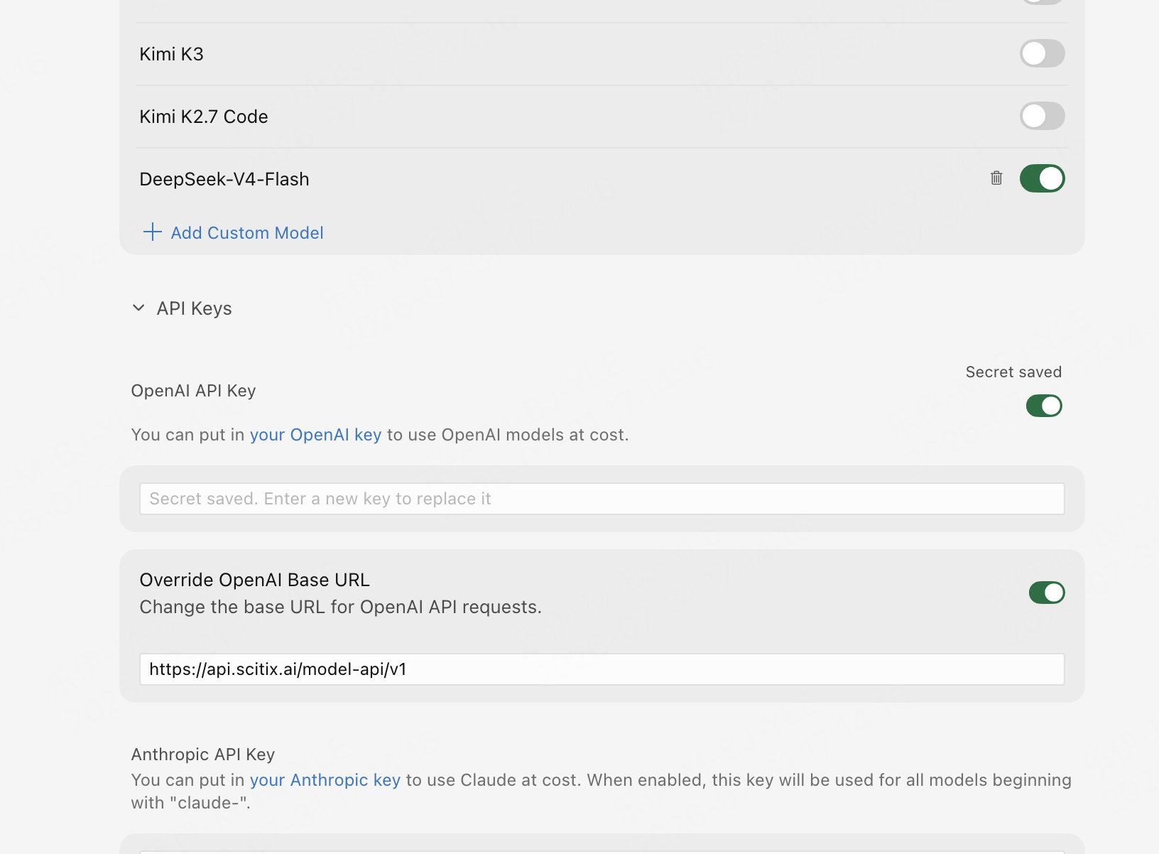 Cursor — custom model, API key, and Base URL override configured