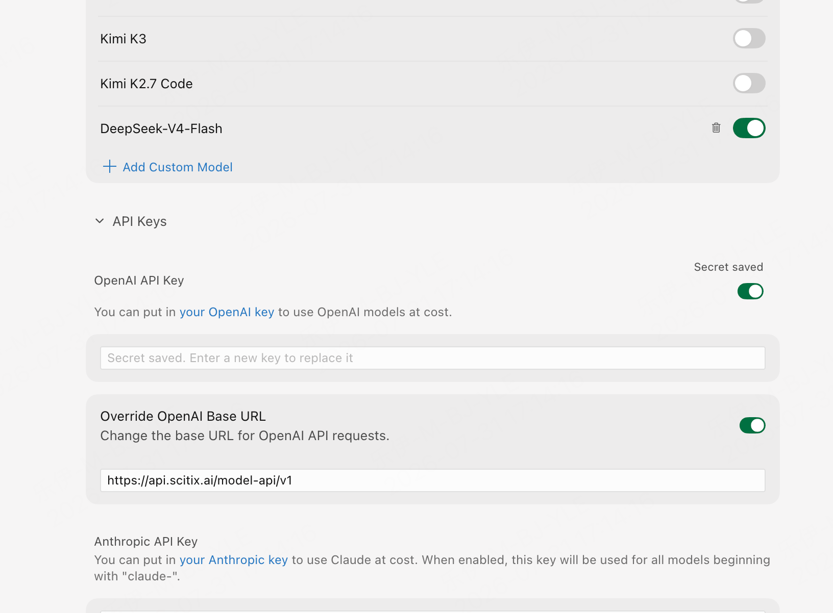 Cursor — custom model, API key, and Base URL override configured