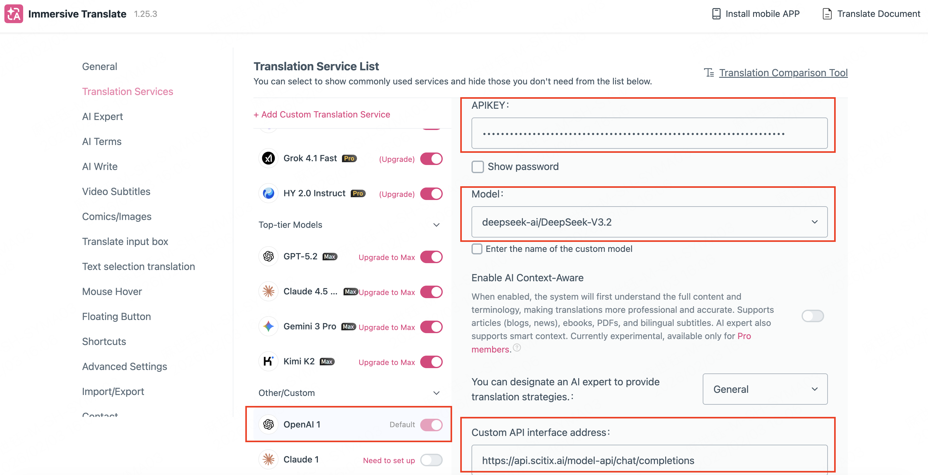 Immersive Translate — API and model configuration